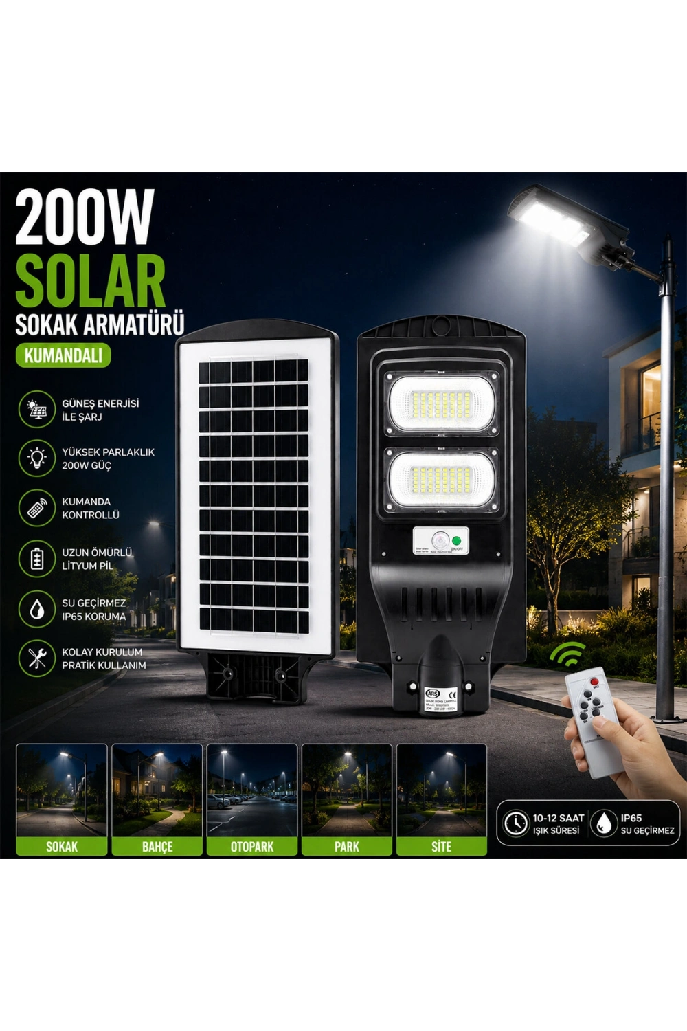 Egonex Ars-348965 ( 200w & 6500k ) ( Solar & Güneş Enerjili ) Sokak Lambası & Armatür ( Sensörlü ) ( Bahçe-balkon-sokak )*10