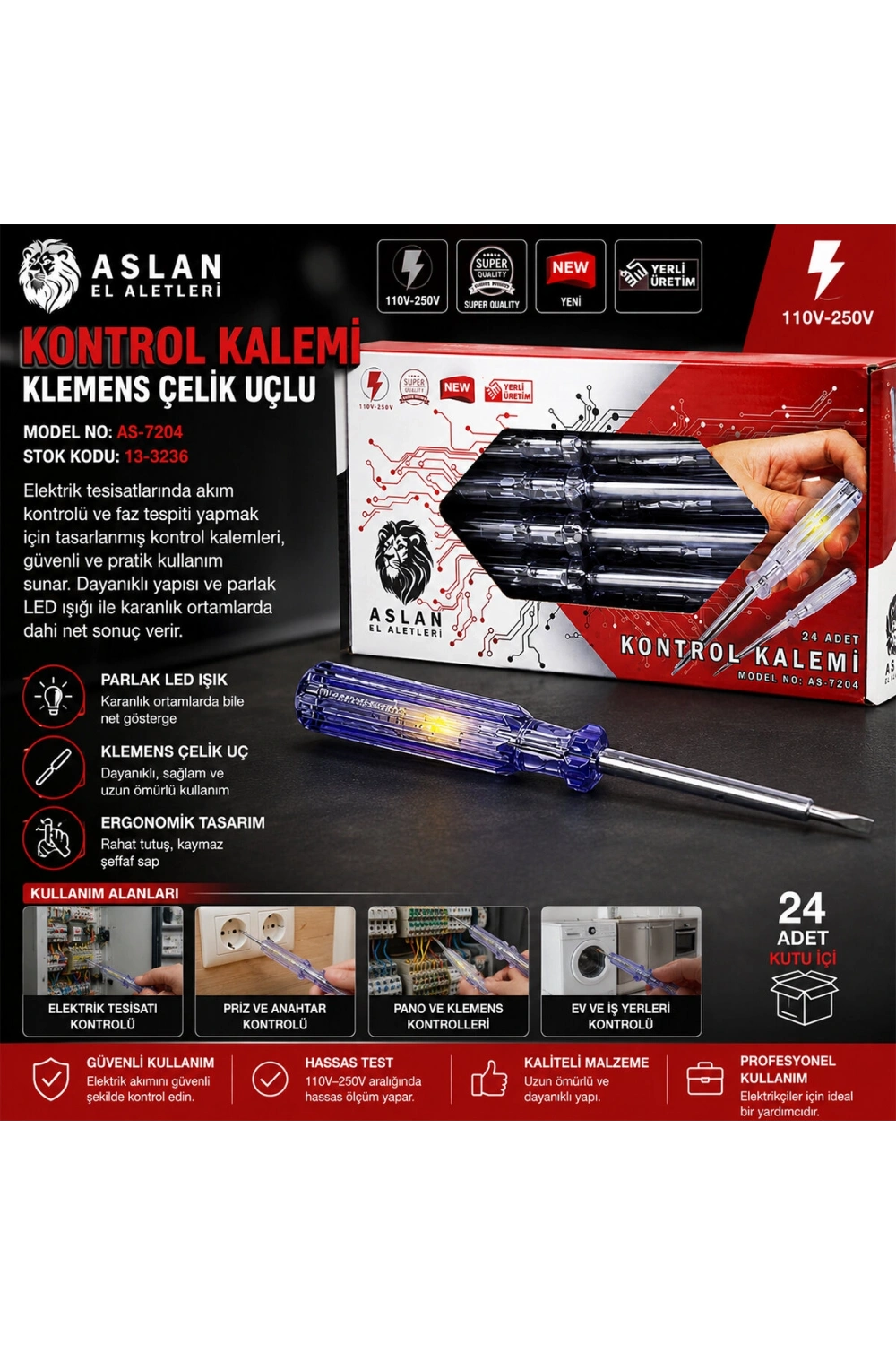 Egonex Aslan As-7204 ( Düz ) Kontrol Kalemi Klemens Çelik Uçlu*24x20