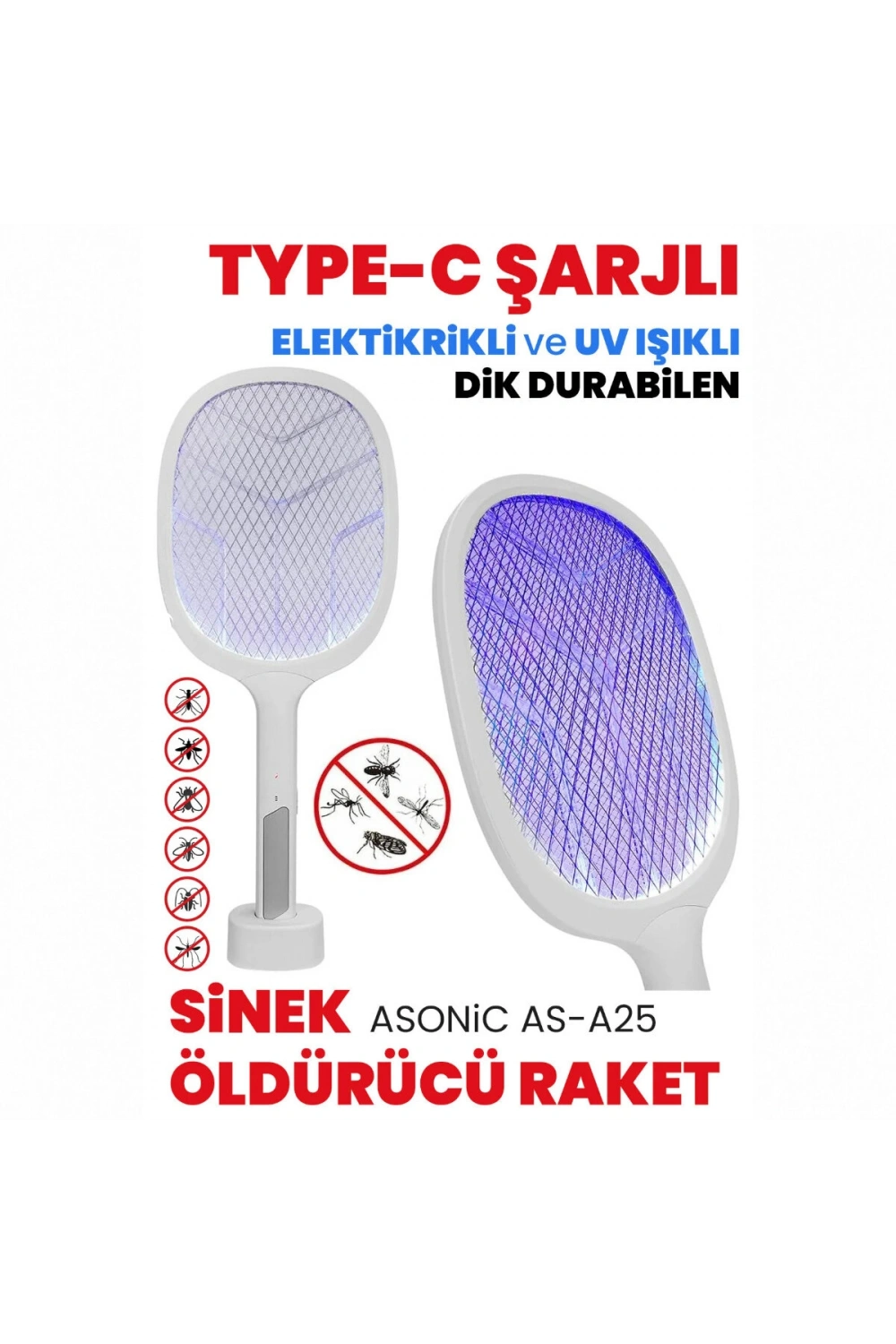 Egonex Asonic As-a25 ( Beyaz/gri ) ( Type-c Şarjlı ) ( Raket Modeli ) Elektronik Sinek Öldürücü Cız Makine*40