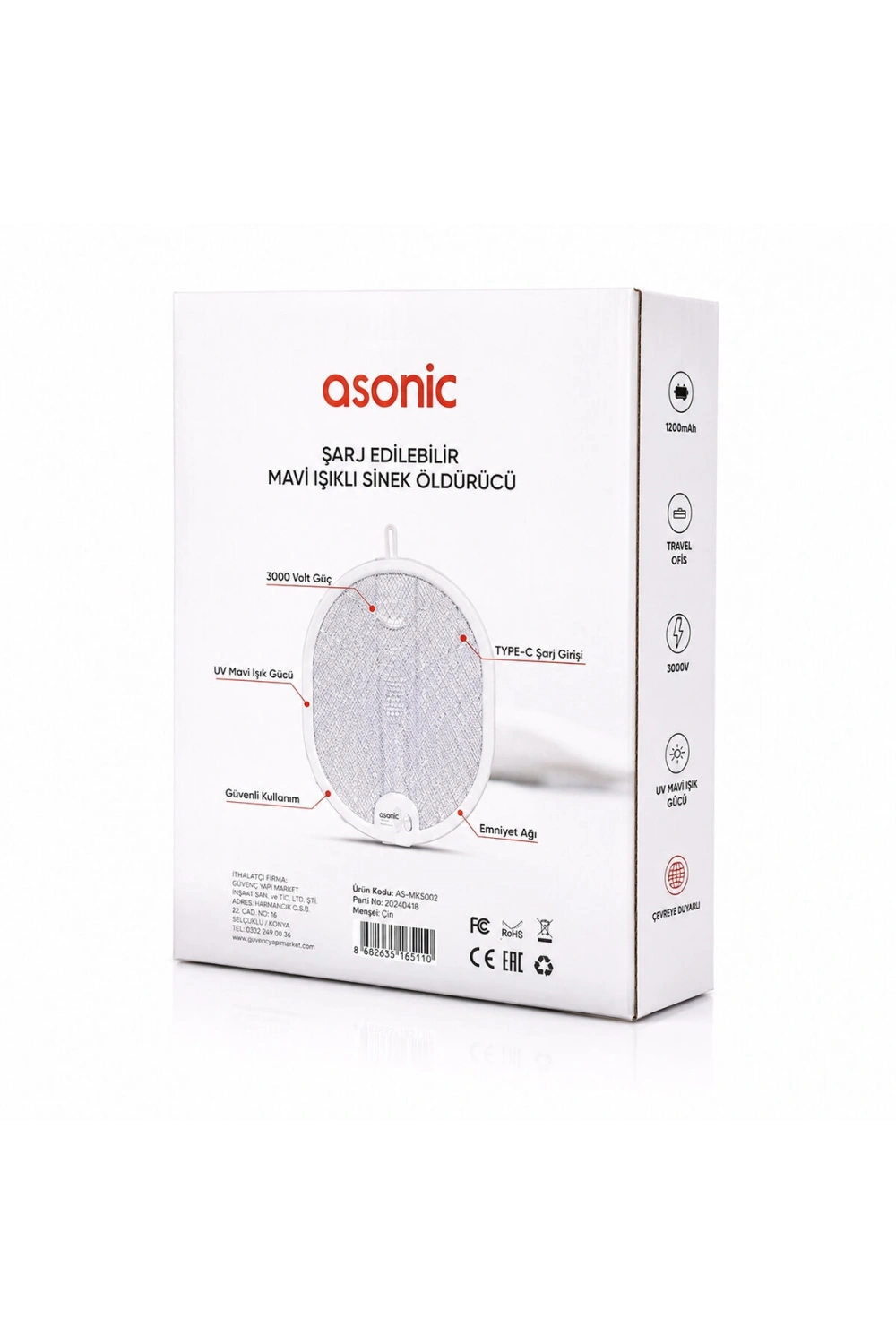 Egonex Asonic As-a26 ( Beyaz ) ( Type-c Şarjlı ) ( Raket Modeli ) Elektronik Sinek Öldürücü Cız Makine  ( Katlanabilir Sap )*48