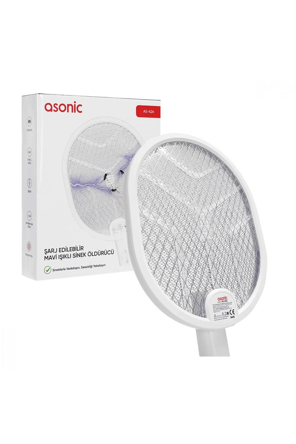 Egonex Asonic As-a26 ( Beyaz ) ( Type-c Şarjlı ) ( Raket Modeli ) Elektronik Sinek Öldürücü Cız Makine  ( Katlanabilir Sap )*48