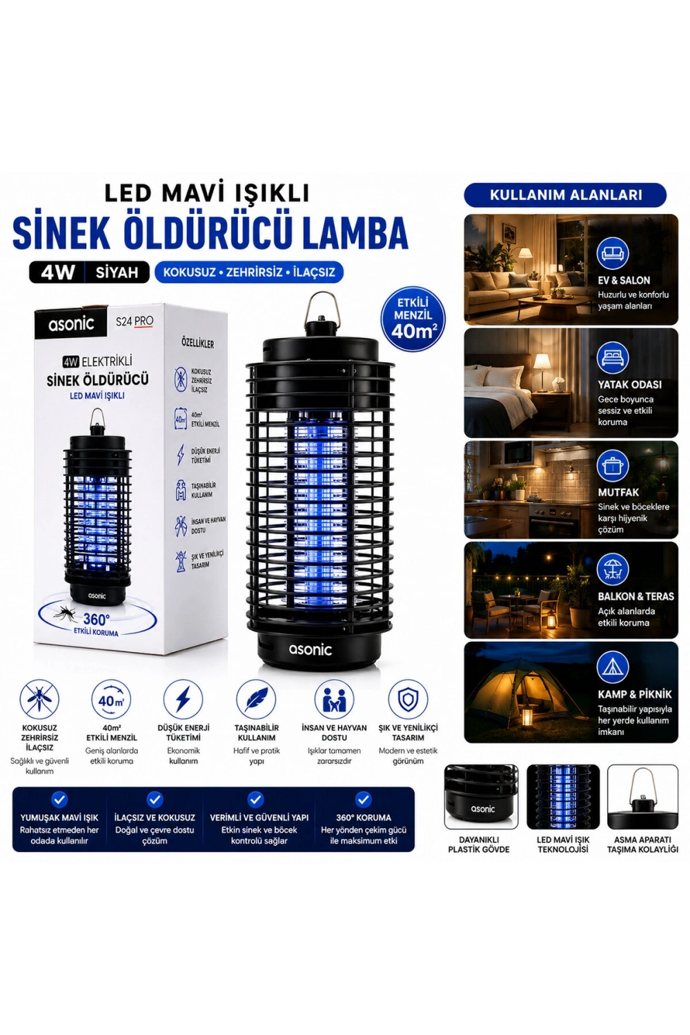 Egonex Asonic S24 Pro ( 4w & Siyah ) Kokusuz Taşınabilir Led Mavi Işıklı Sinek Öldürücü*30