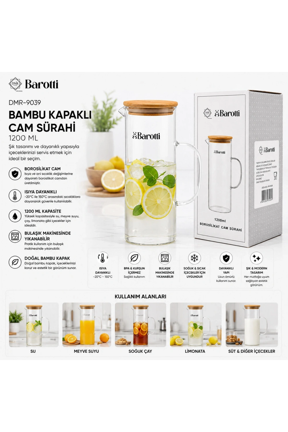 Egonex Barotti Dmr-9039 ( Bambu Kapaklı ) Cam Sürahi & Borosilikat ( 1200ml )*12=k