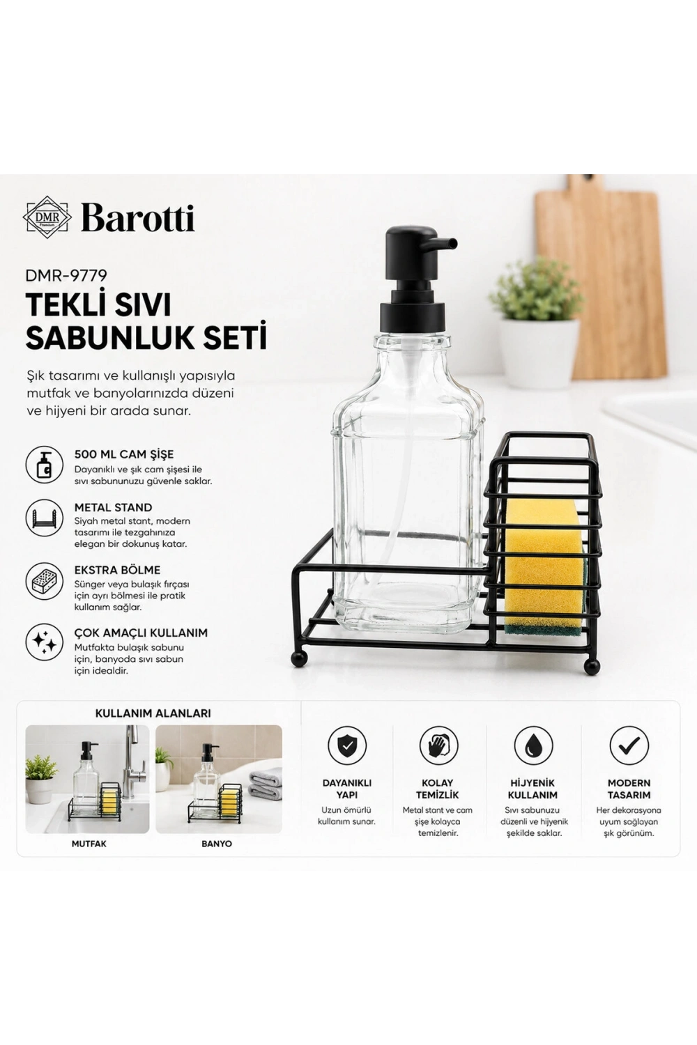 Egonex Barotti Dmr-9779 ( Cam Şişe & 500ml ) ( Siyah Metal Stand & Siyah Pompa ) Sıvı Sabunluk Seti*24