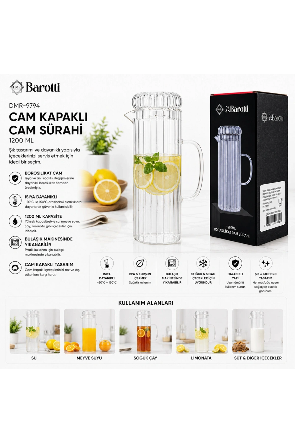 Egonex Barotti Dmr-9794 ( Cam Kapaklı ) Cam Sürahi & Borosilikat ( 1200ml )*12=k