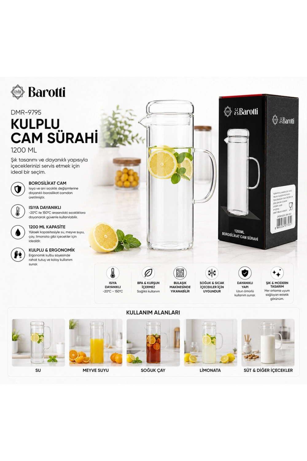 Egonex Barotti Dmr-9795 ( Cam Kapaklı & Düz ) Cam Sürahi & Borosilikat ( 1200ml )*12=k