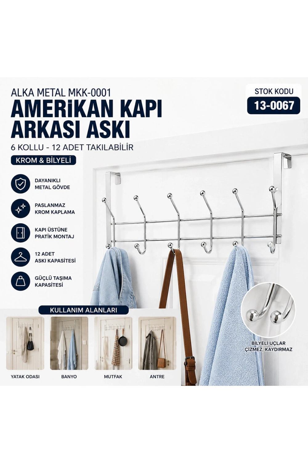 Egonex Demirbüken F.a-05 ( Krom & Bilyeli) ( 6 Kollu ) Amerikan Kapı Arkası Askı*5x14