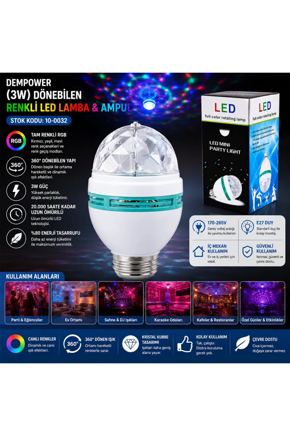 Egonex Dempower Dp-269 ( 3w ) Dönebilen ( Disko ) Renkli Led Lamba & Ampul ( Tam Renkli ) ( 170-265v )*100