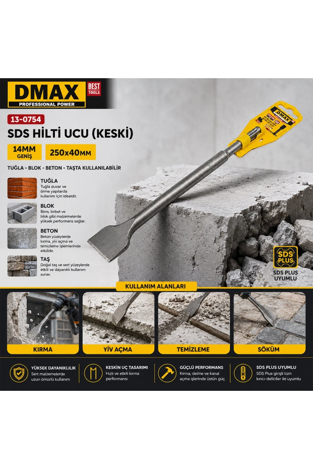Egonex Dmax Dmx-4492 ( 14mm ) ( Geniş ) ( Keski ) Sds Hilti Ucu ( 250x40mm )*80