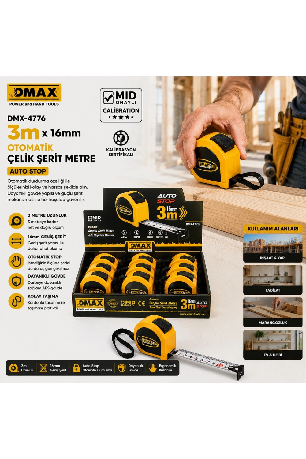 Egonex Dmax Dmx-4776 ( 3mt X 16mm ) ( Otomatik ) Çelik Şerit Metre ( Stoplu )*12x12