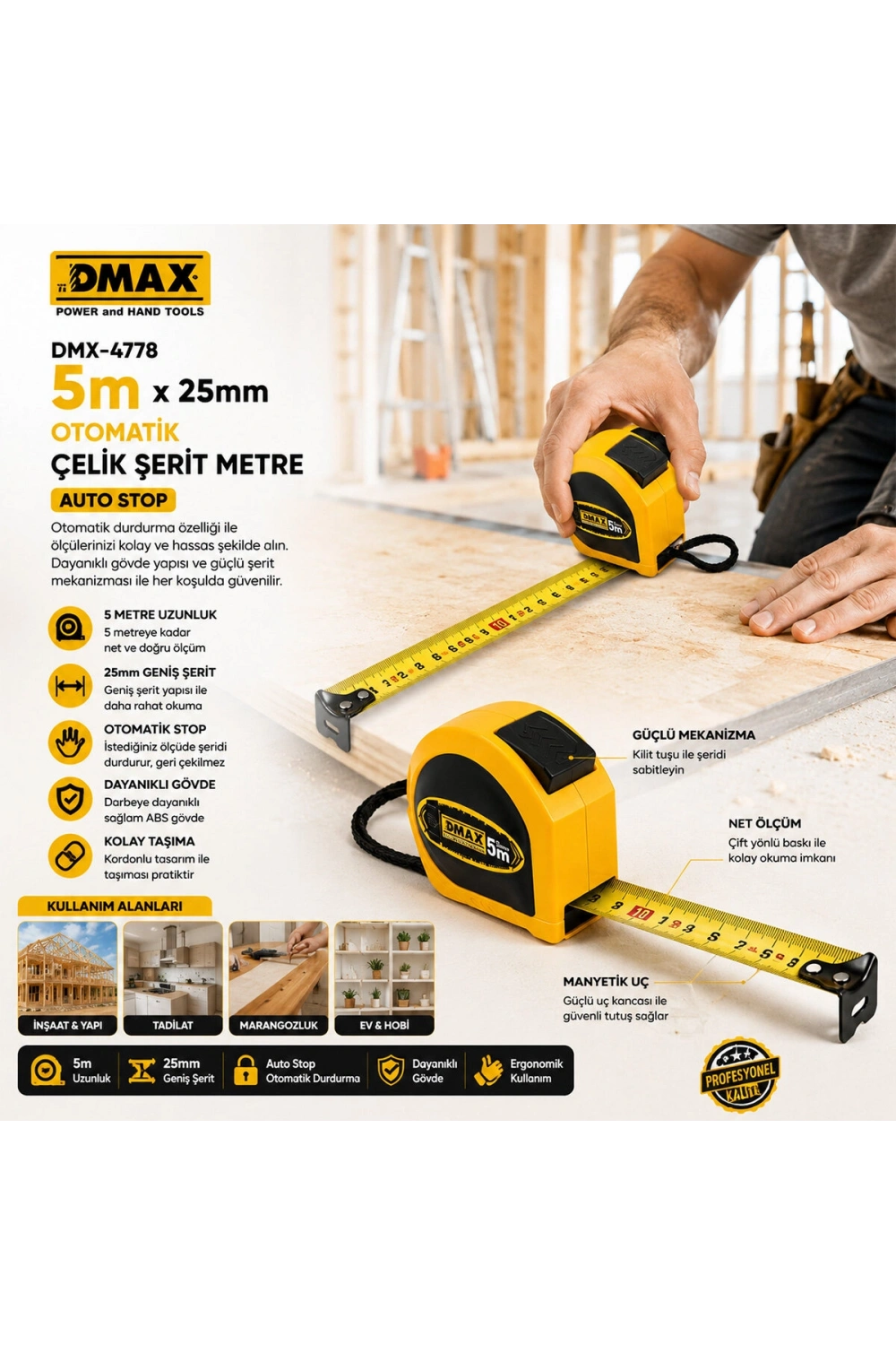 Egonex Dmax Dmx-4778 ( 5mt X 25mm ) ( Otomatik ) Çelik Şerit Metre ( Stoplu )*12x8