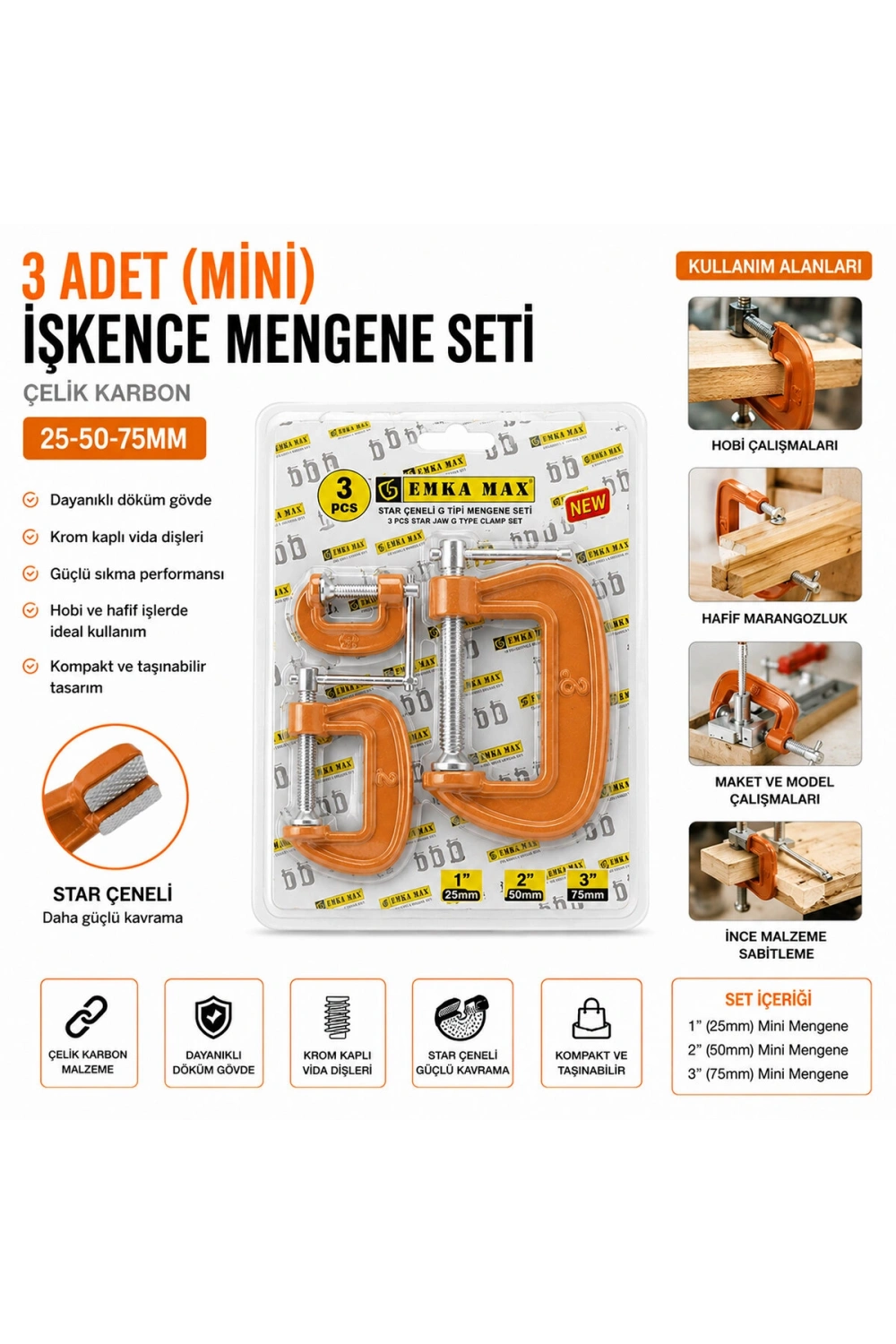 Egonex Emka-5492 ( 3pcs ) ( Mini ) İşkence Mengene Seti ( Çelik Karbon ) ( 25-50-75mm )*72