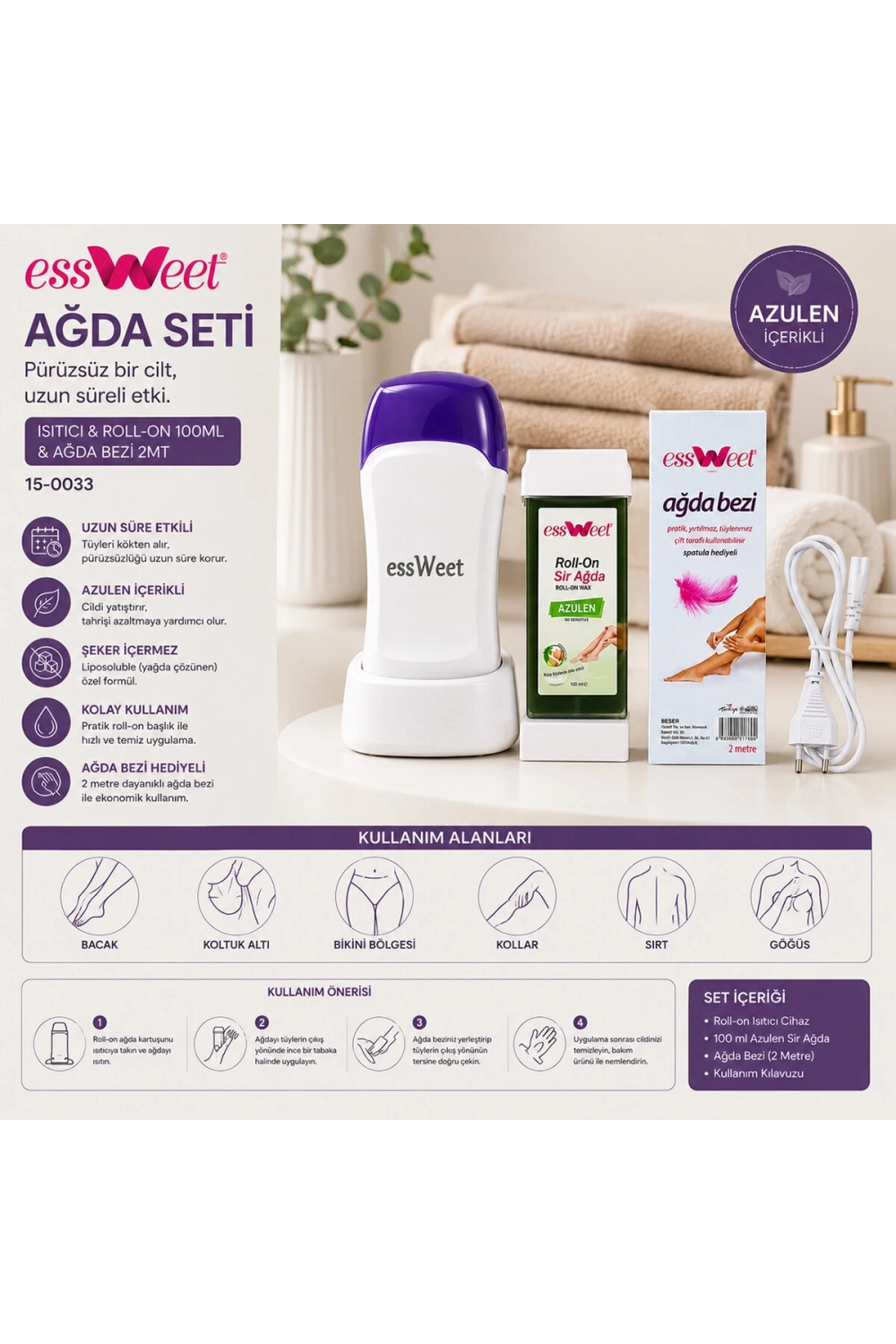 Egonex Essweet Ağda Seti ( Isıtıcı & Roll-on 100ml & Ağda Bezi 2mt )*16
