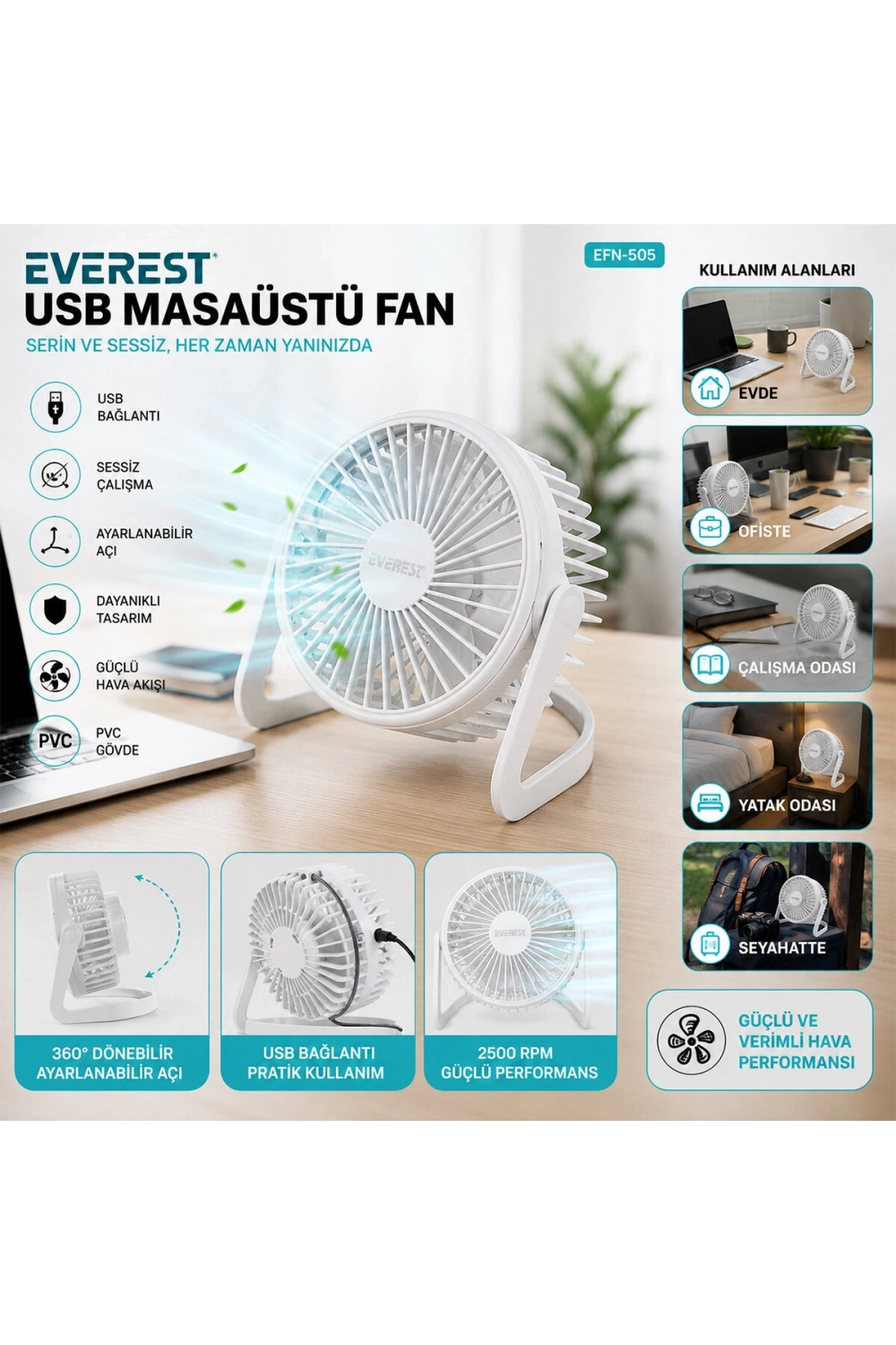Egonex Everest Efn-505 ( Usb Sarjlı & Pvc Gövde ) ( 14.5x14.1cm ) Masa Üstü Fan & Vantilatör*30