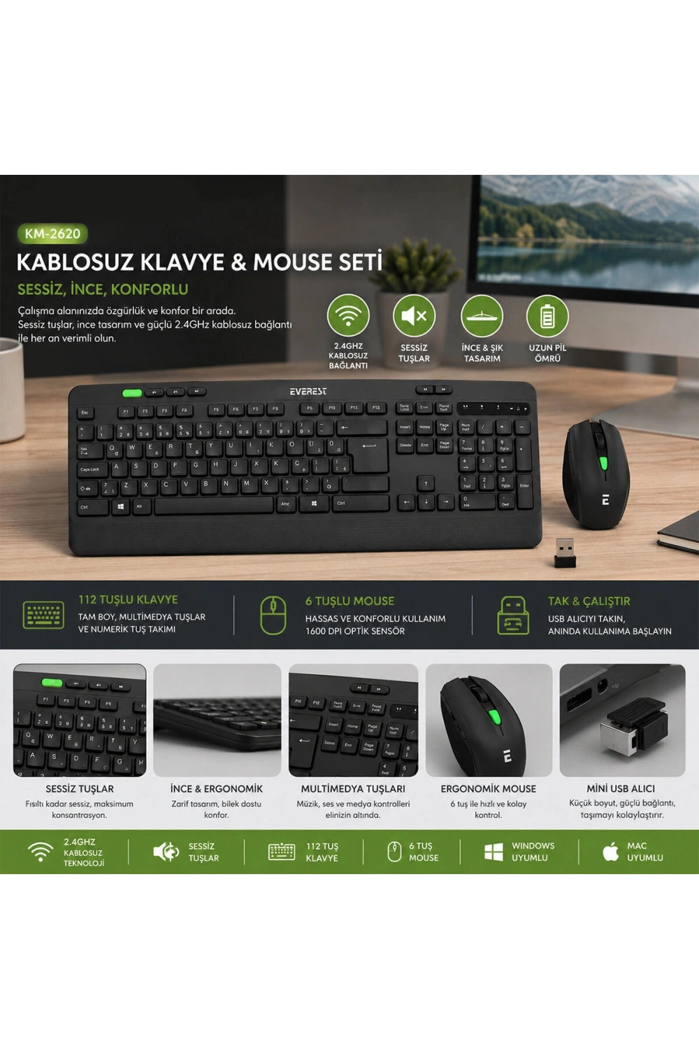 Egonex Everest Km-2620 ( Kablosuz ) Klavye & Mouse Seti ( Siyah ) ( Usb & Sessiz & Switch ) ( Q Klavye )*20