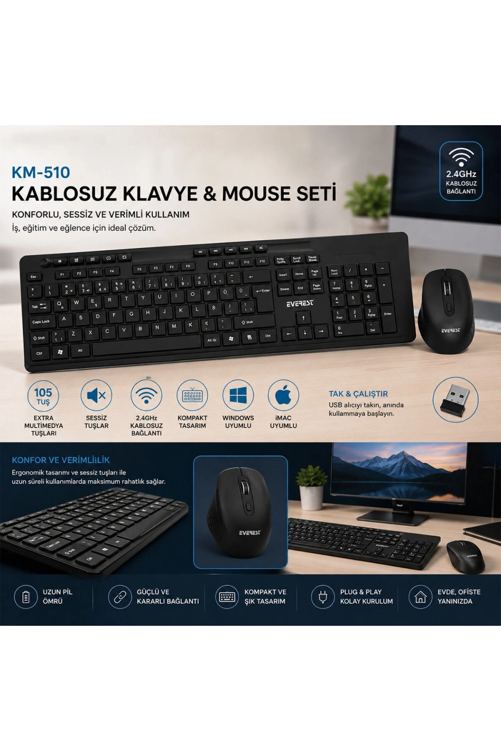 Egonex Everest Km-510 ( Kablosuz ) Multimedia Klavye & Mouse Seti ( Siyah ) ( Q Klavye )*10