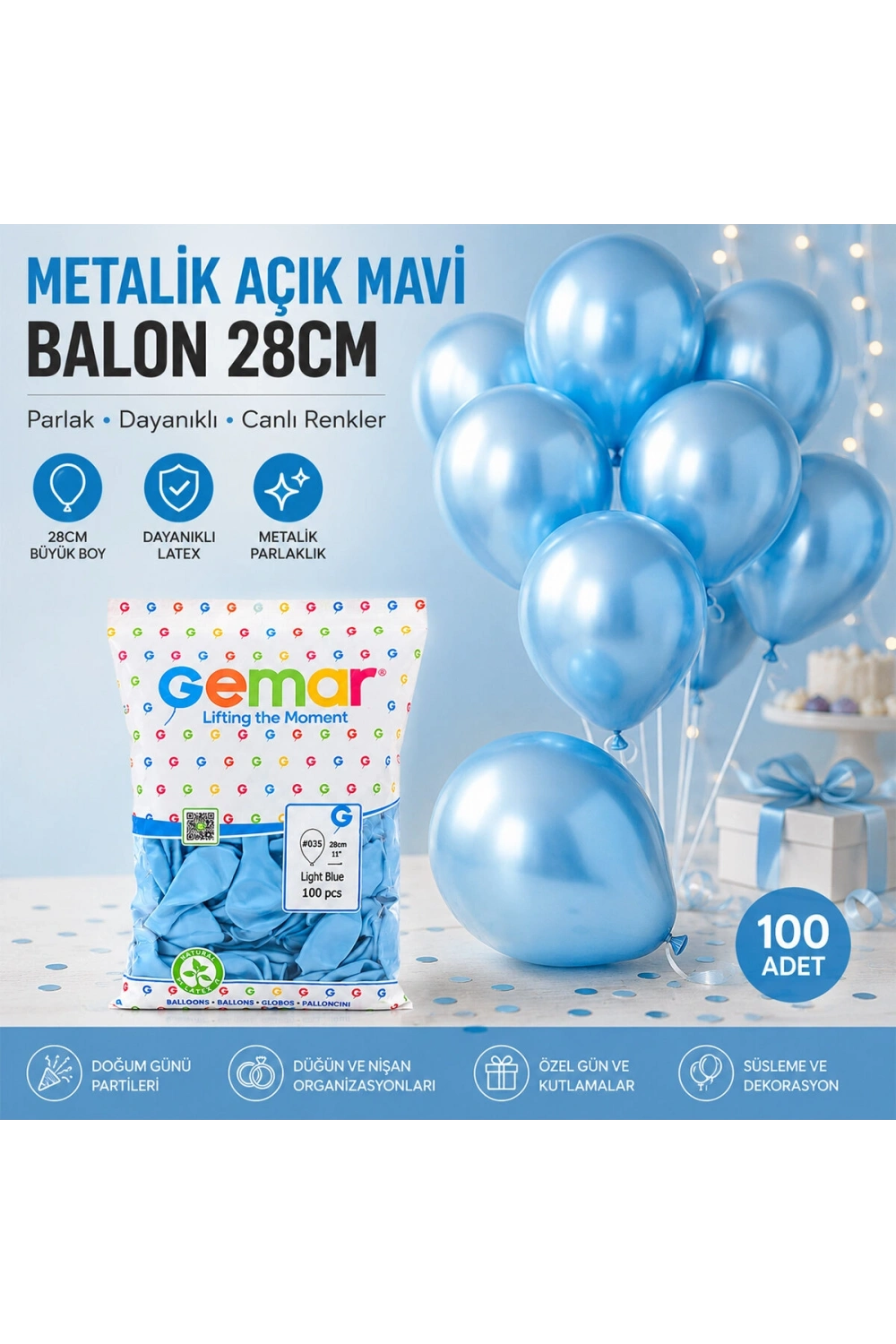 Egonex Gemar Gm-110-35 ( Metalik & Açık Mavi ) Balon ( 11 & 28cm & 100pcs )*1x50