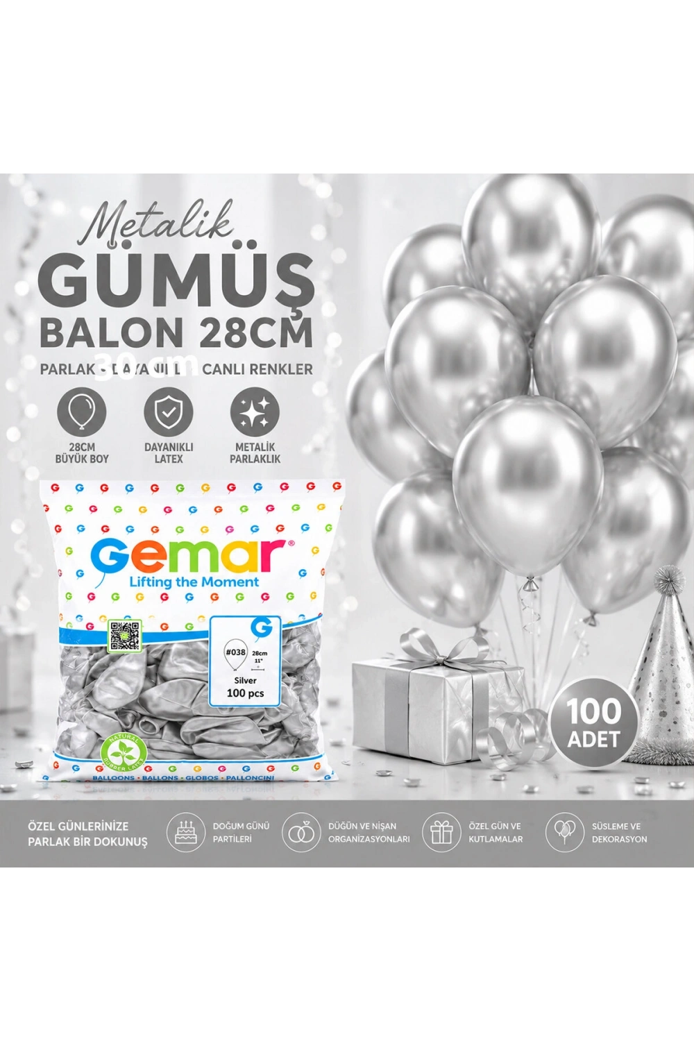 Egonex Gemar Gm-110-38 ( Metalik & Gümüş & Silver ) Balon ( 11 & 28cm & 100pcs )*1x50