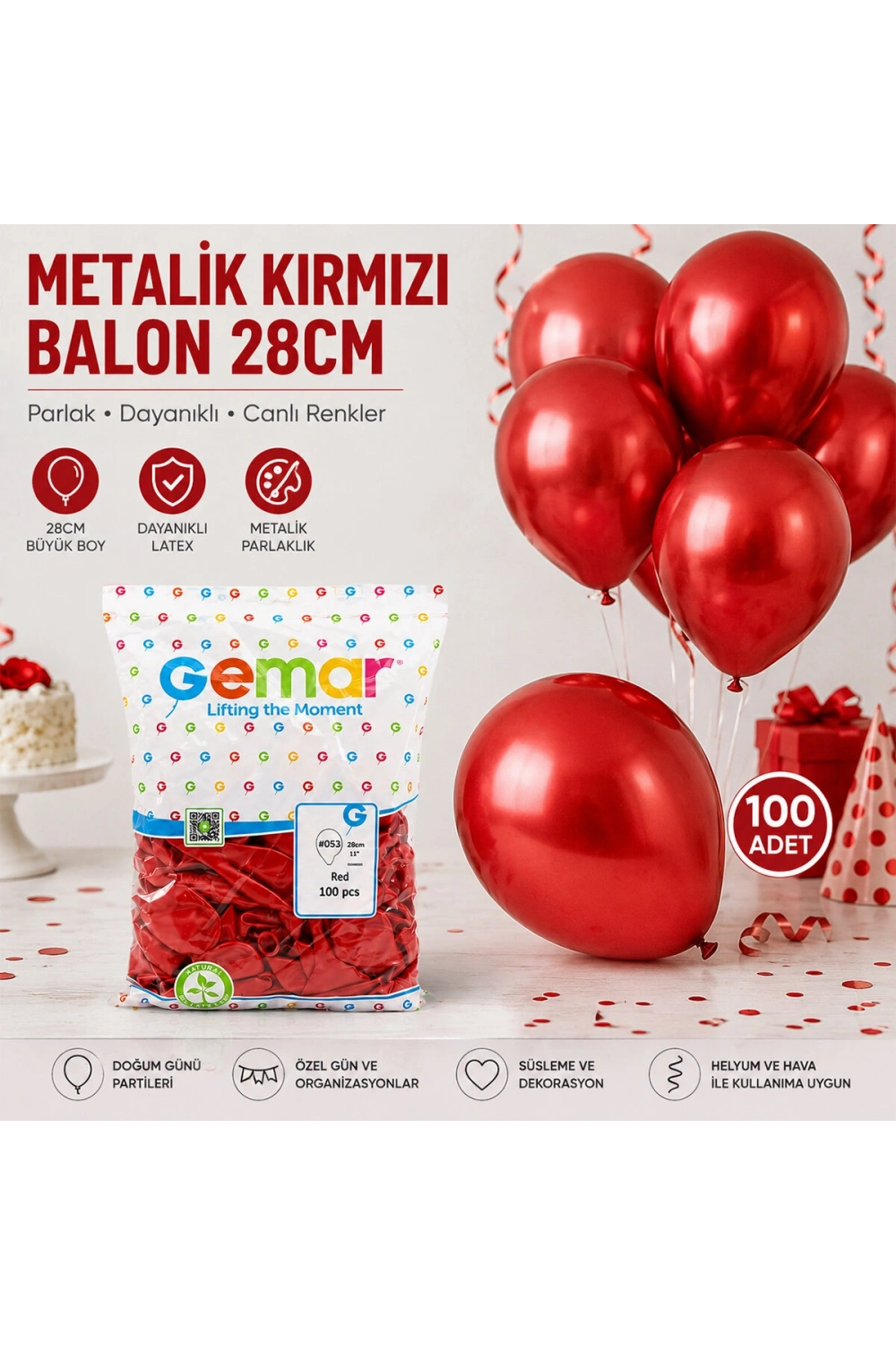 Egonex Gemar Gm-110-53 ( Metalik & Kırmızı ) Balon ( 11 & 28cm & 100pcs )*1x50