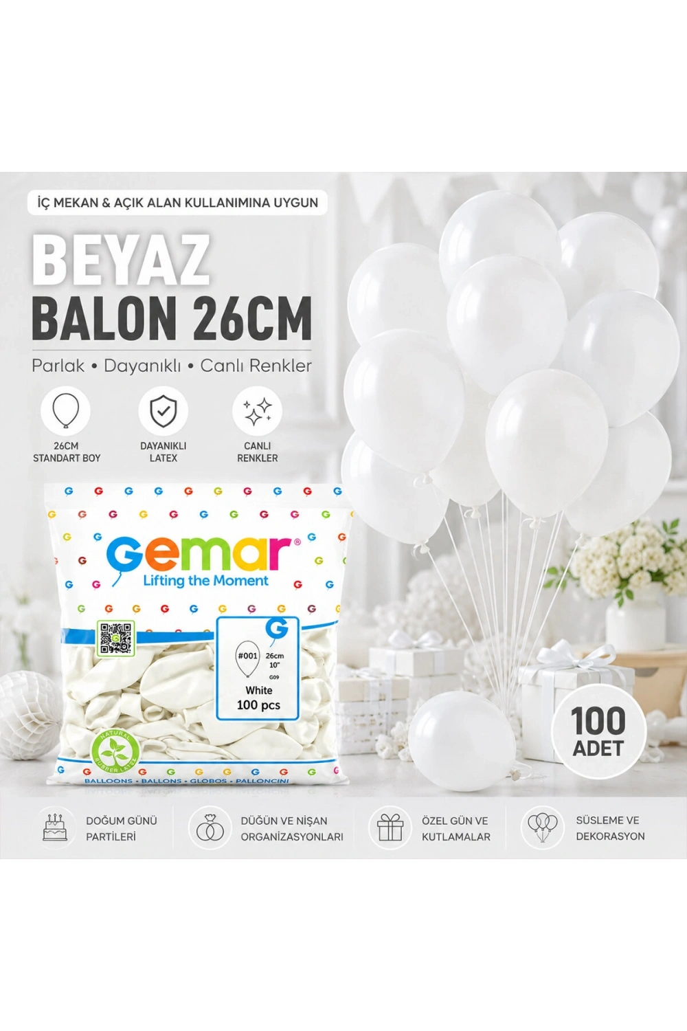 Egonex Gemar Gm-90-01 ( İç Mekan & Beyaz ) Balon ( 10 & 26cm & 100pcs )*1x100