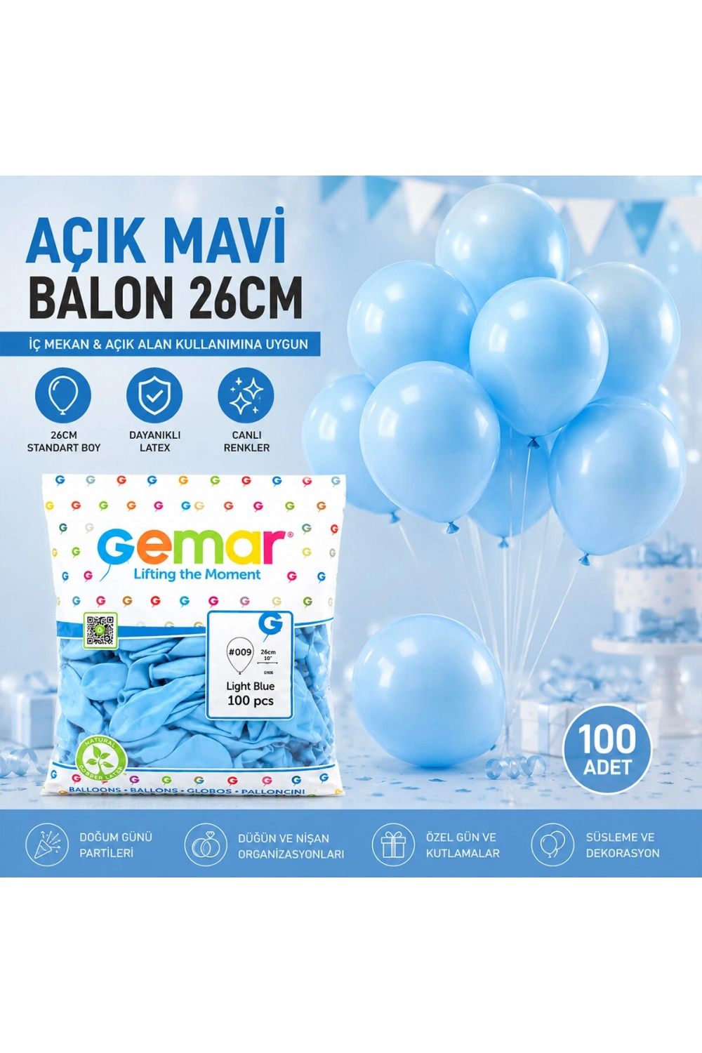 Egonex Gemar Gm-90-09 ( İç Mekan & Açık Mavi ) Balon ( 10 & 26cm & 100pcs )*1x100