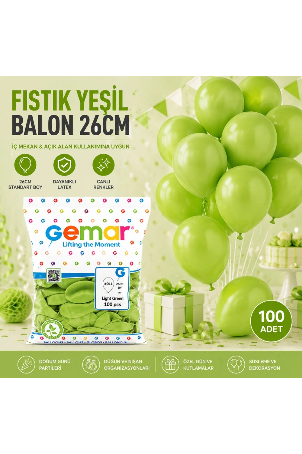 Egonex Gemar Gm-90-11 ( İç Mekan & Fıstık Yeşil ) Balon ( 10 & 26cm & 100pcs )*1x100