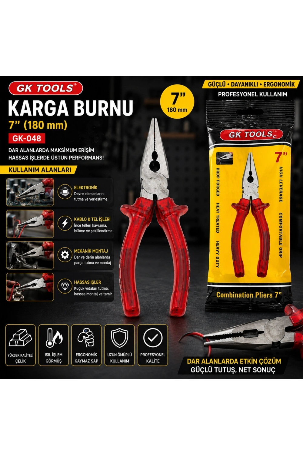 Egonex Gk Tools ( Kırmızı & Şeffaf ) ( 7 ) ( Saplı ) Kargaburnu ( 180mm) *6x20