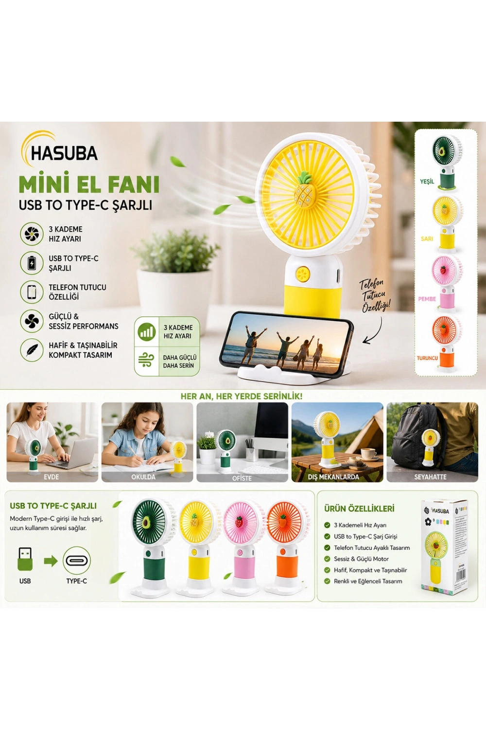 Egonex Hasuba Hs-287 Mini El Fanı ( Usb To Typc-e Şarjlı ) ( 3 Kademe Hız Ayar) ( M.üstü Ayaklı ) Vantilatör Renkli*144