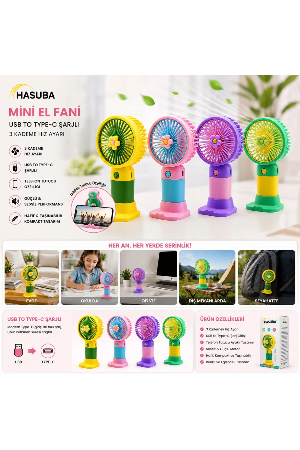 Egonex Hasuba Hs-290 Mini El Fanı ( Usb To Typc-e Şarjlı ) ( 3 Kademe Hız Ayar) ( M.üstü Ayaklı ) Vantilatör Renkli*144