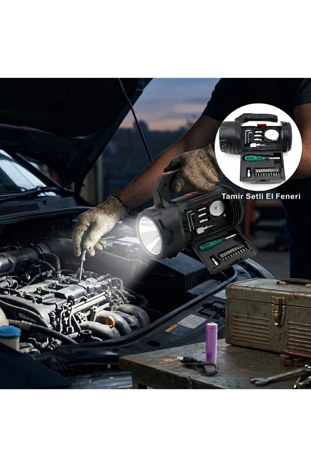 Egonex Hasuba Hs-310 ( 2in1 ) ( 19pcs = Tamir & Hırdavat Seti ) El Fener & Projektör ( Led + Cob )( Usb & Type-c & Pil Şarjlı ) *20