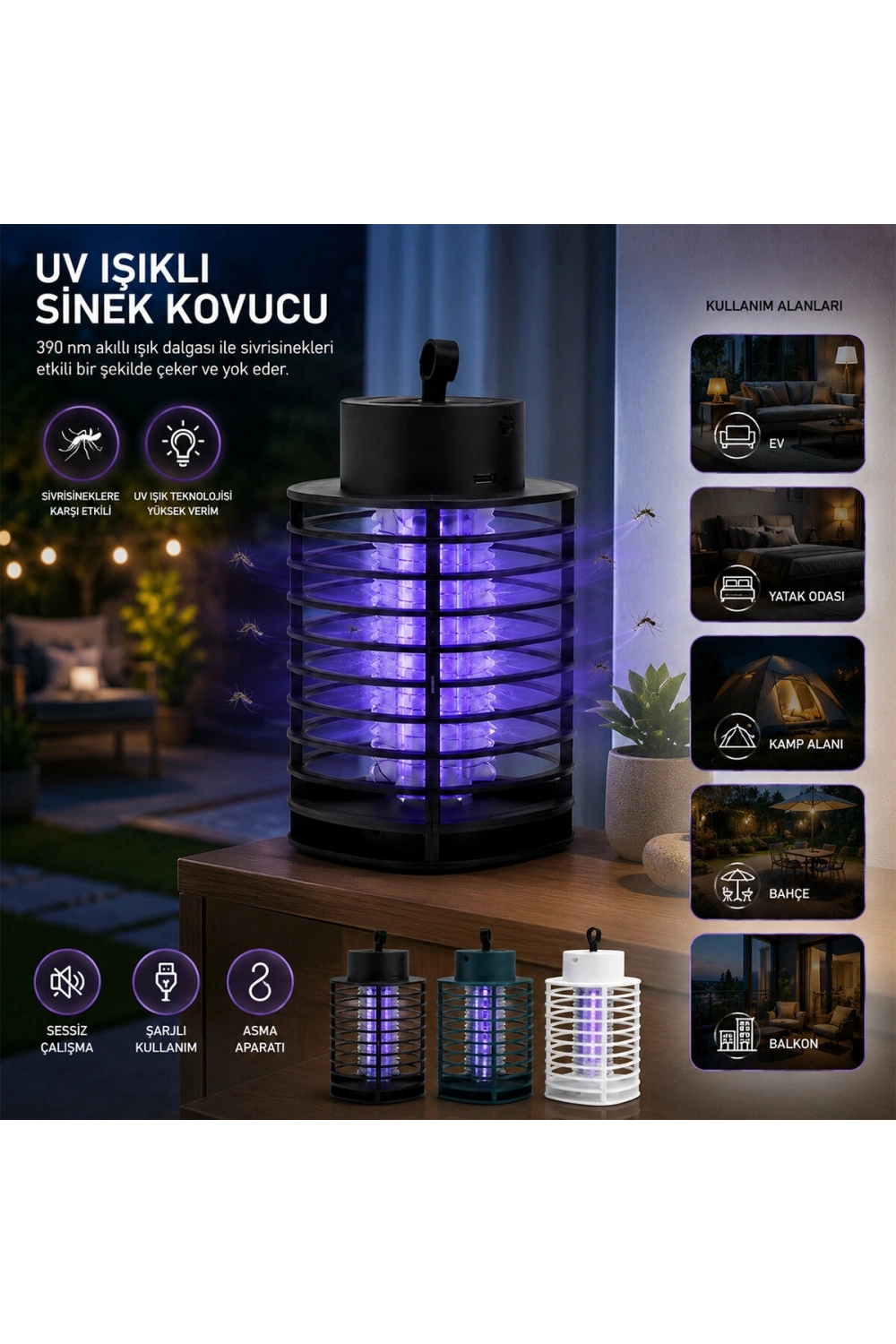 Egonex Hasuba Hs-373 ( Usb Şarjlı & 2 Renk Işık ) ( Asma Aparat & Sessiz Çalışma ) Uv Işıklı Sinek Kovucu*100