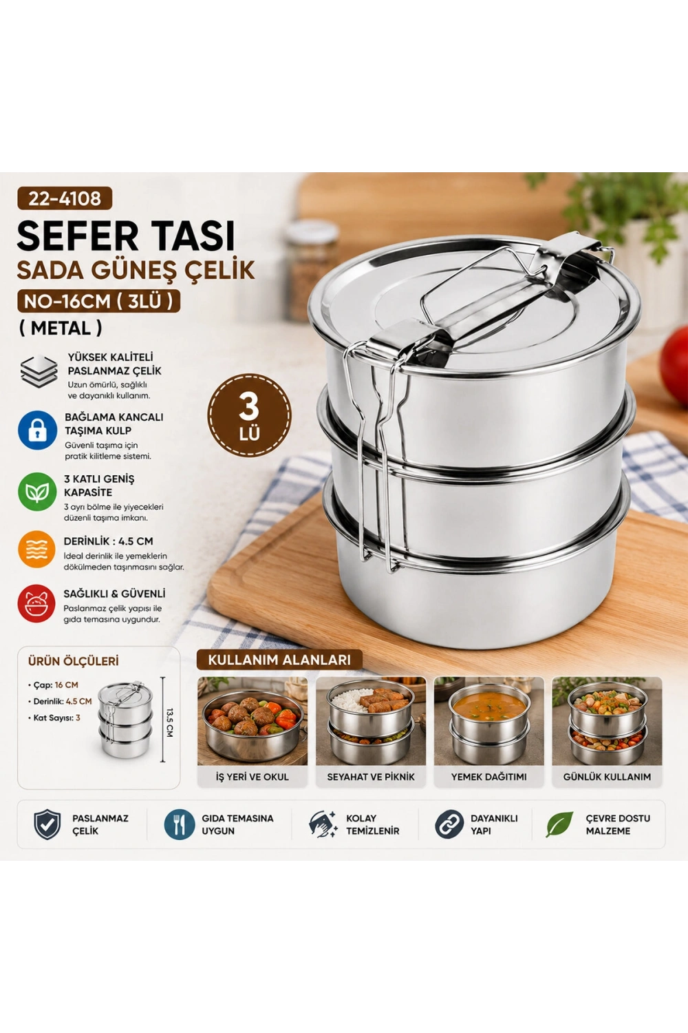 Egonex İbico Çelik No-16cm ( 3lü ) ( Metal ) Sefer Tası ( Taşıma Kulp=bağlama Kancalı )*50