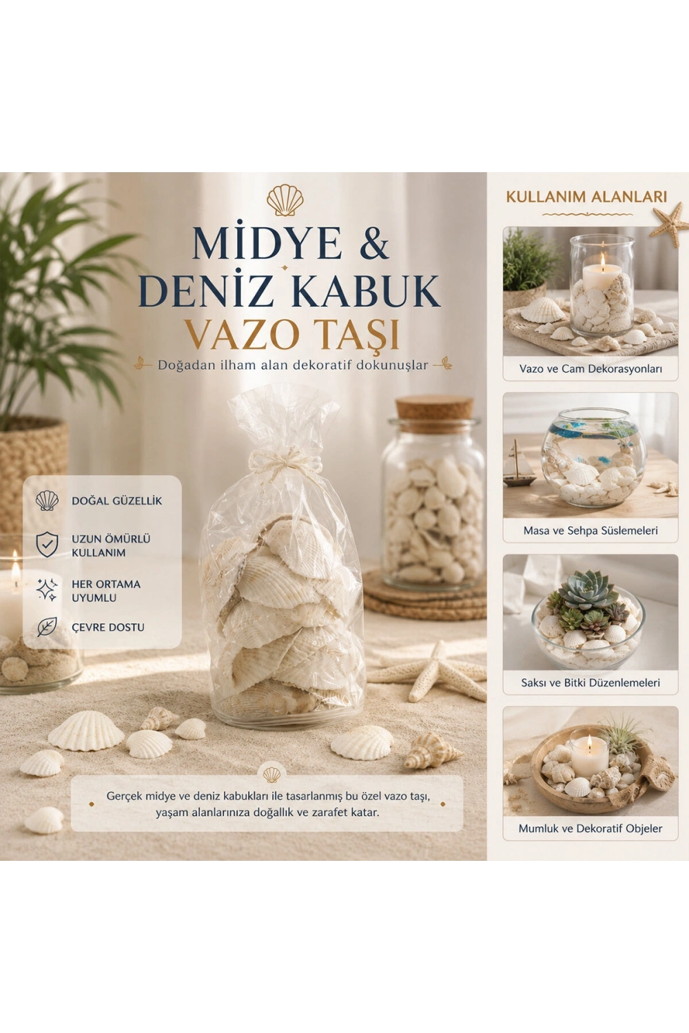 Egonex İbico İ12-252 ( Poşetli ) ( Renkli Mix ) Midye & Deniz Kabuk Vazo Taşı*50