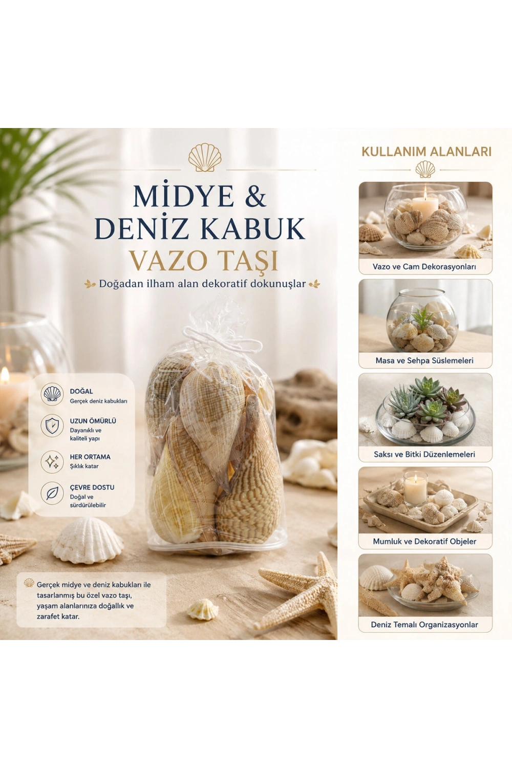 Egonex İbico İ12-252 ( Poşetli ) ( Renkli Mix ) Midye & Deniz Kabuk Vazo Taşı*50