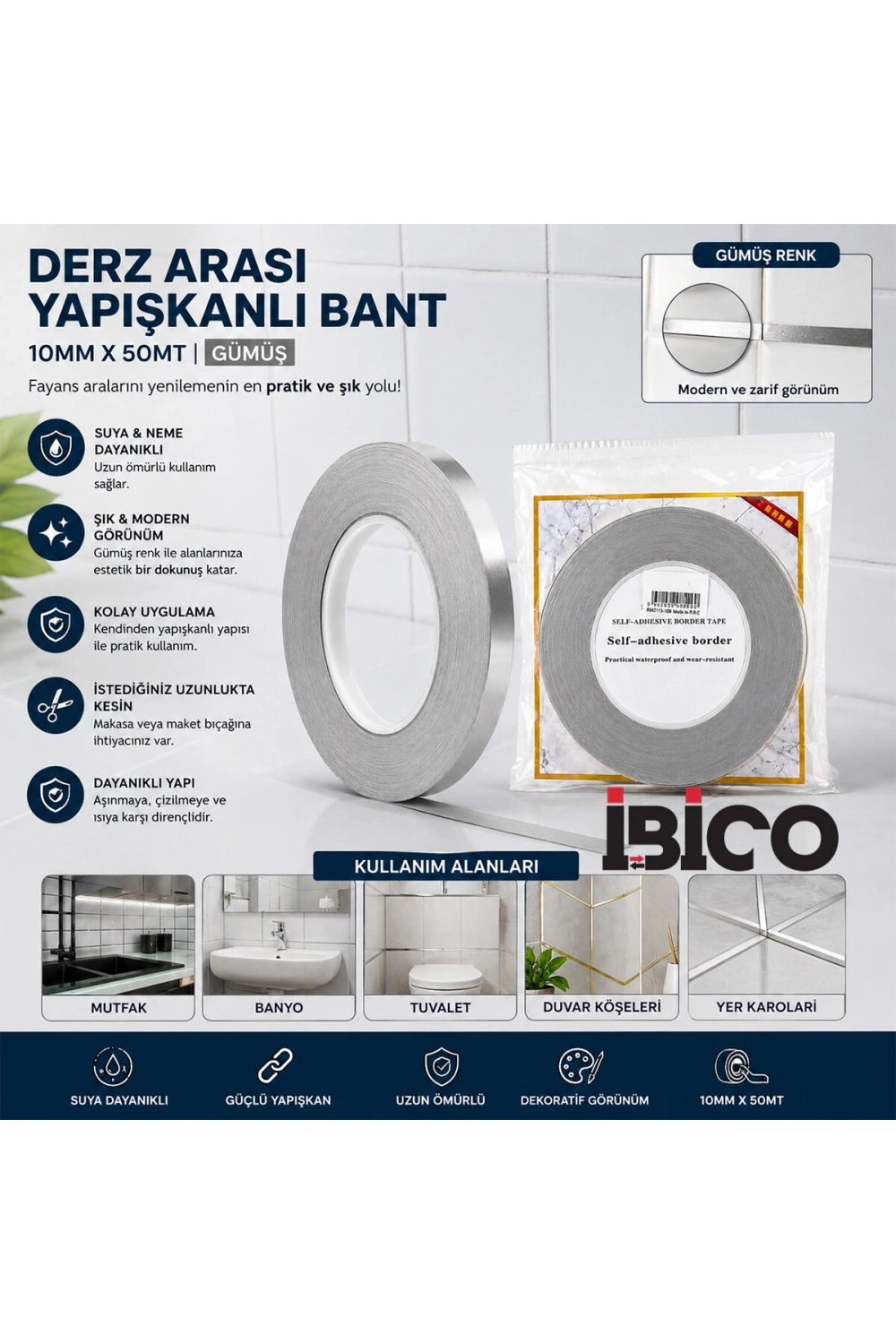 Egonex İbico İ13-140 ( Gümüş ) Derz Arası Yapışkanlı Bant ( 10mm X 50mt )*300