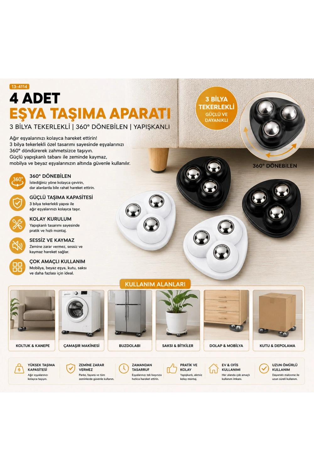 Egonex İbico İ13-142  ( 4pcs ) ( Tek Bilya Tekerlekli ) ( Poşetli ) Mobilya Eşya Taşıma Aparatı ( 360° )*20x20