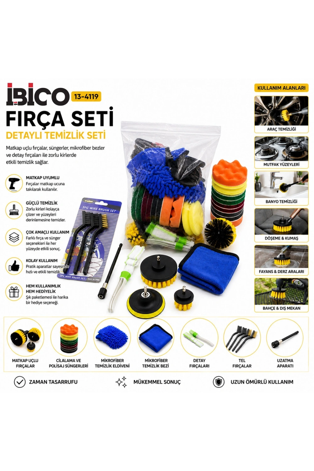 Egonex İbico İ13-148 ( 21pcs ) Hırdavat & Bakım Seti ( Polisaj Sünger-maktap Fırça-tel Fırça-oto Eldiven-bez-detay Fırça-aparat)*25