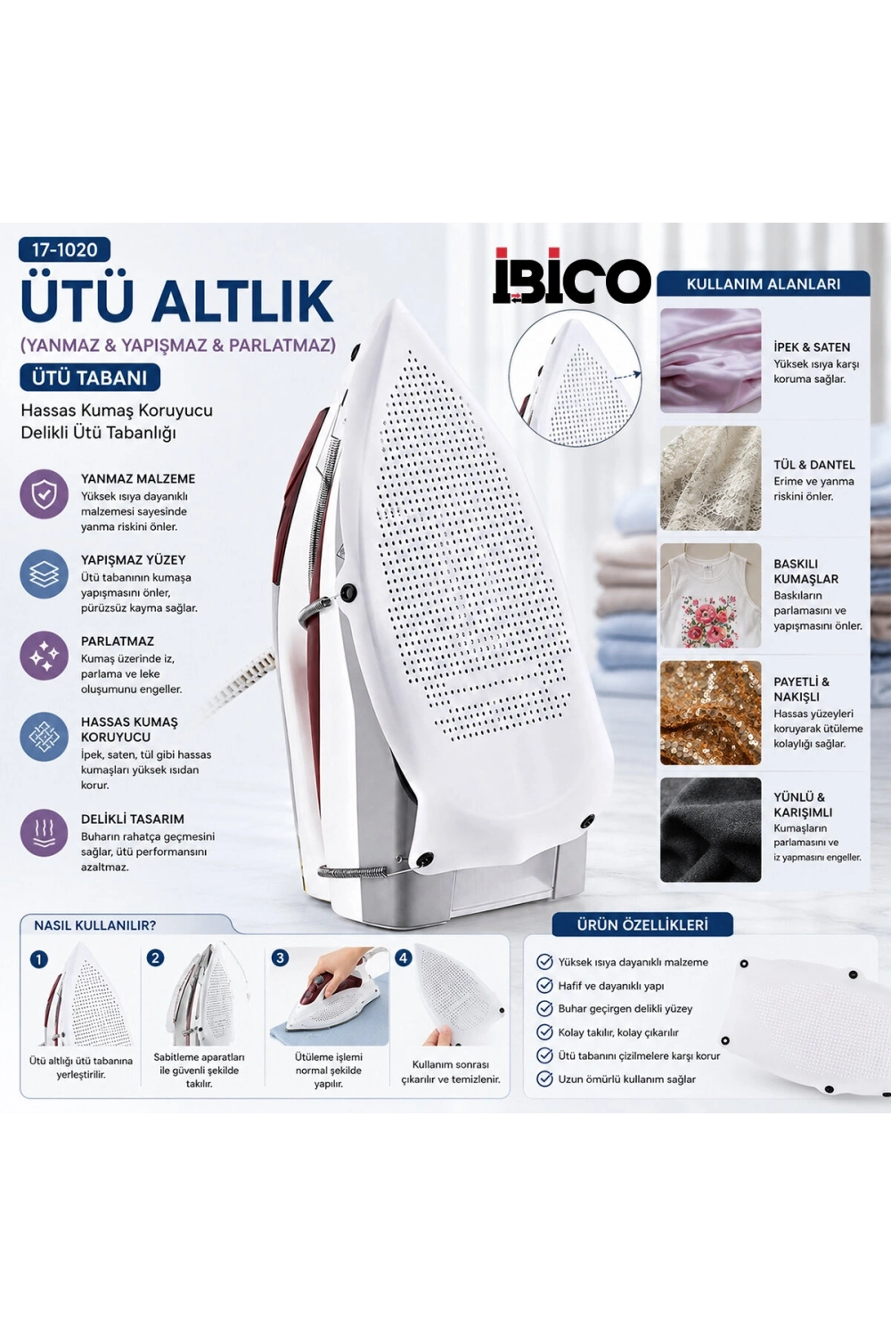 Egonex İbico İ17-031 İ13-031 Durable Nonstick Ütü Altlık ( Yanmaz & Yapışmaz & Parlatmaz ) Ütü Tabanı*500