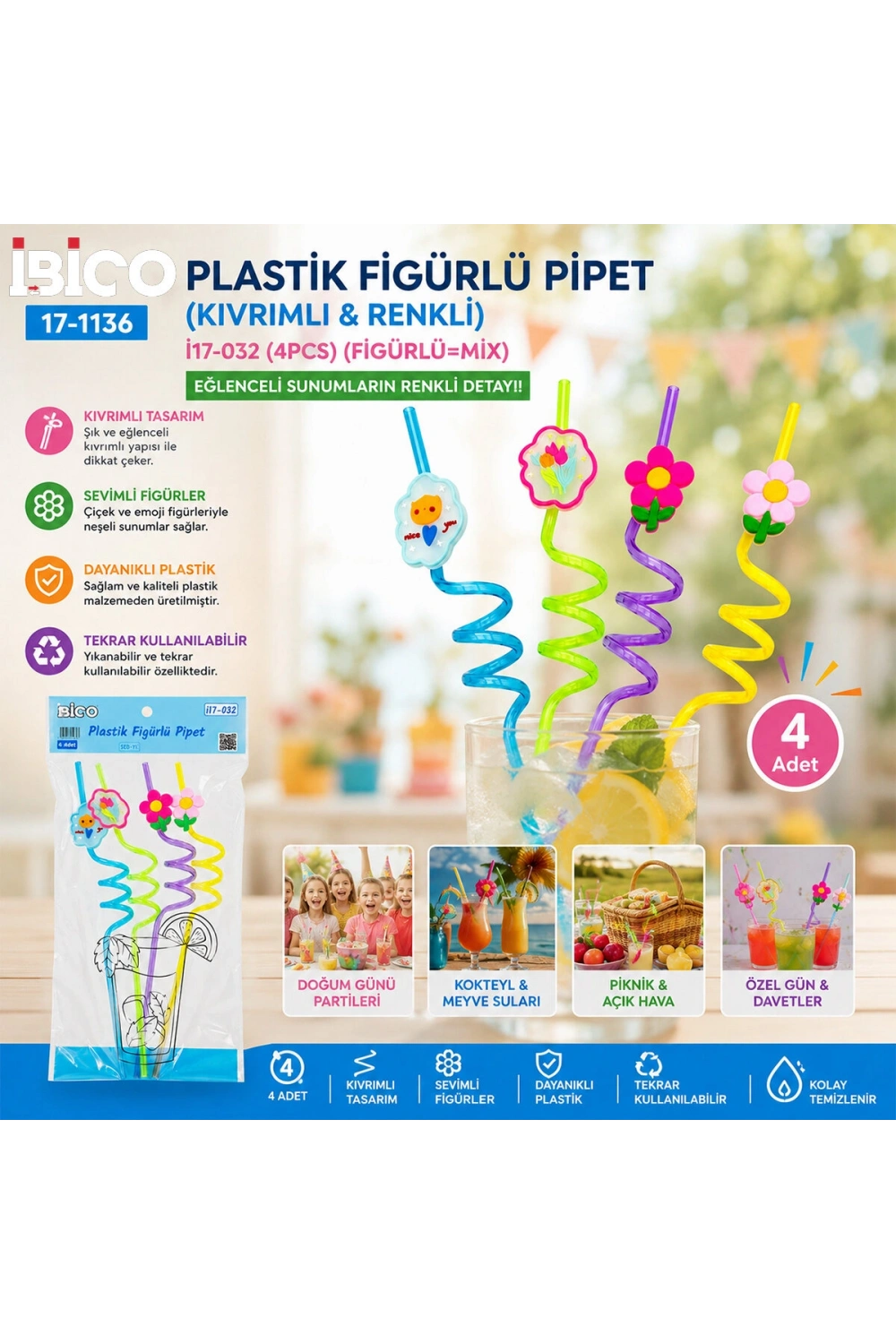Egonex İbico İ17-032 ( 4pcs ) ( Kıvrımlı & Renkli Plastik ) Pipet ( Figürlü=mix )*240