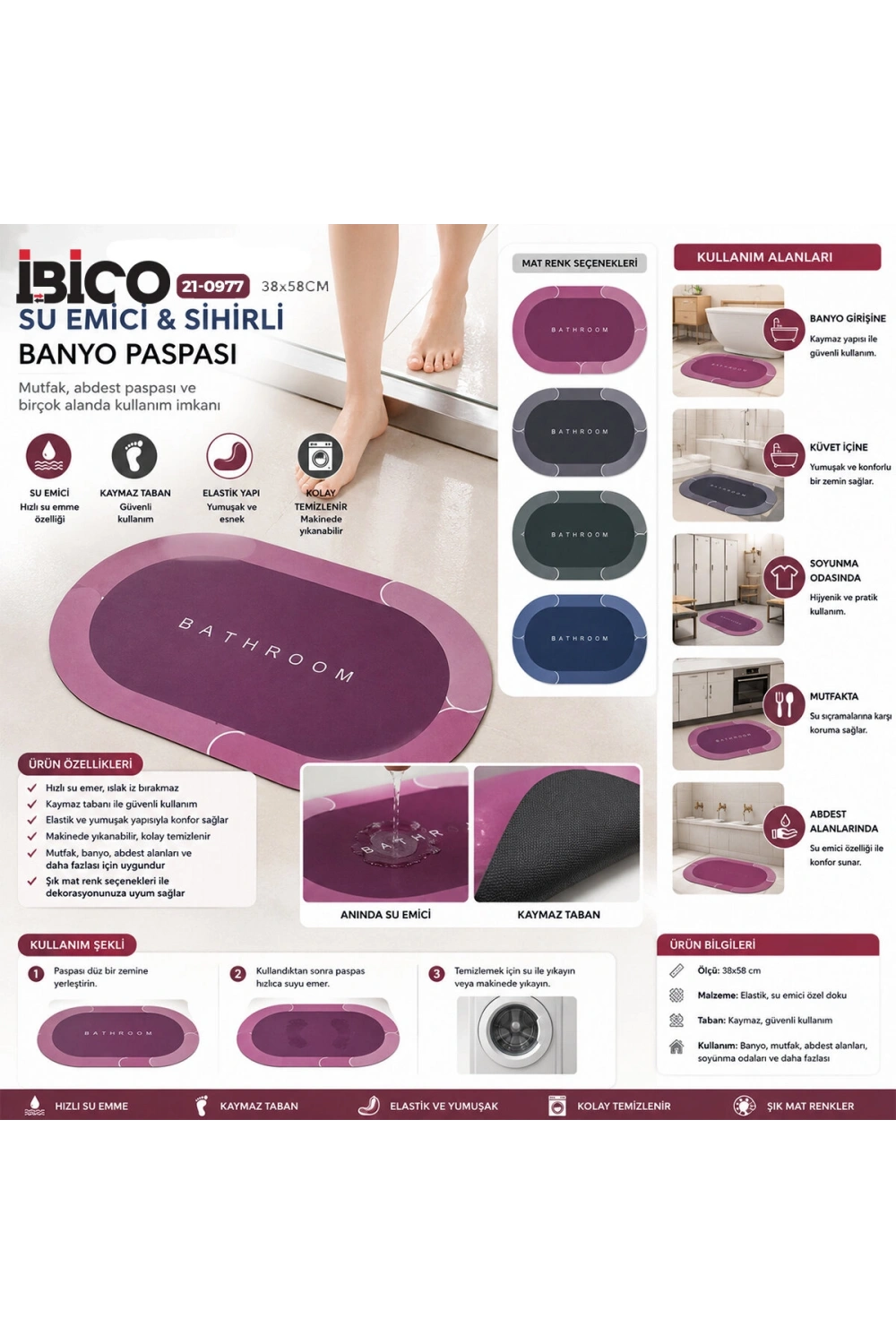 Egonex İbico İ21-007 ( Oval & Mat Renkler ) ( 38x58cm ) ( Su Emici & Sihirli ) Banyo Paspası ( Elastik )*100