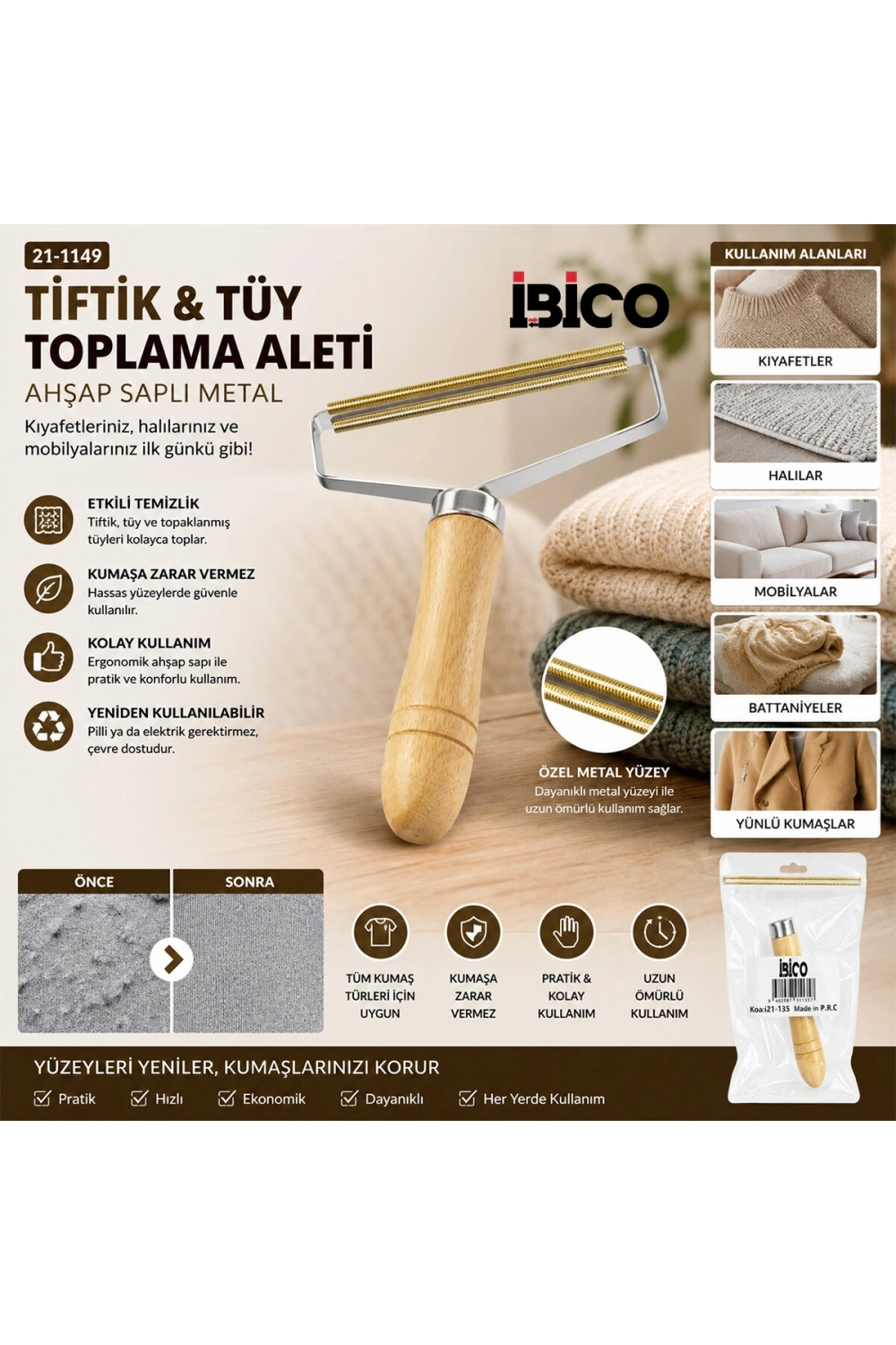 Egonex İbico İ21-135 Ahşap Saplı Metal Tiftik Tüy Toplama*500