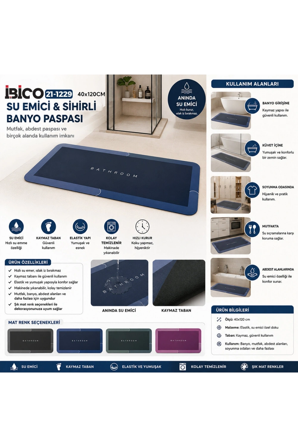 Egonex İbico İ21-158 ( Dikdörtgen & Mat Renkler ) ( 40x120cm ) ( Su Emici & Sihirli ) Banyo Paspası ( Elastik )*60