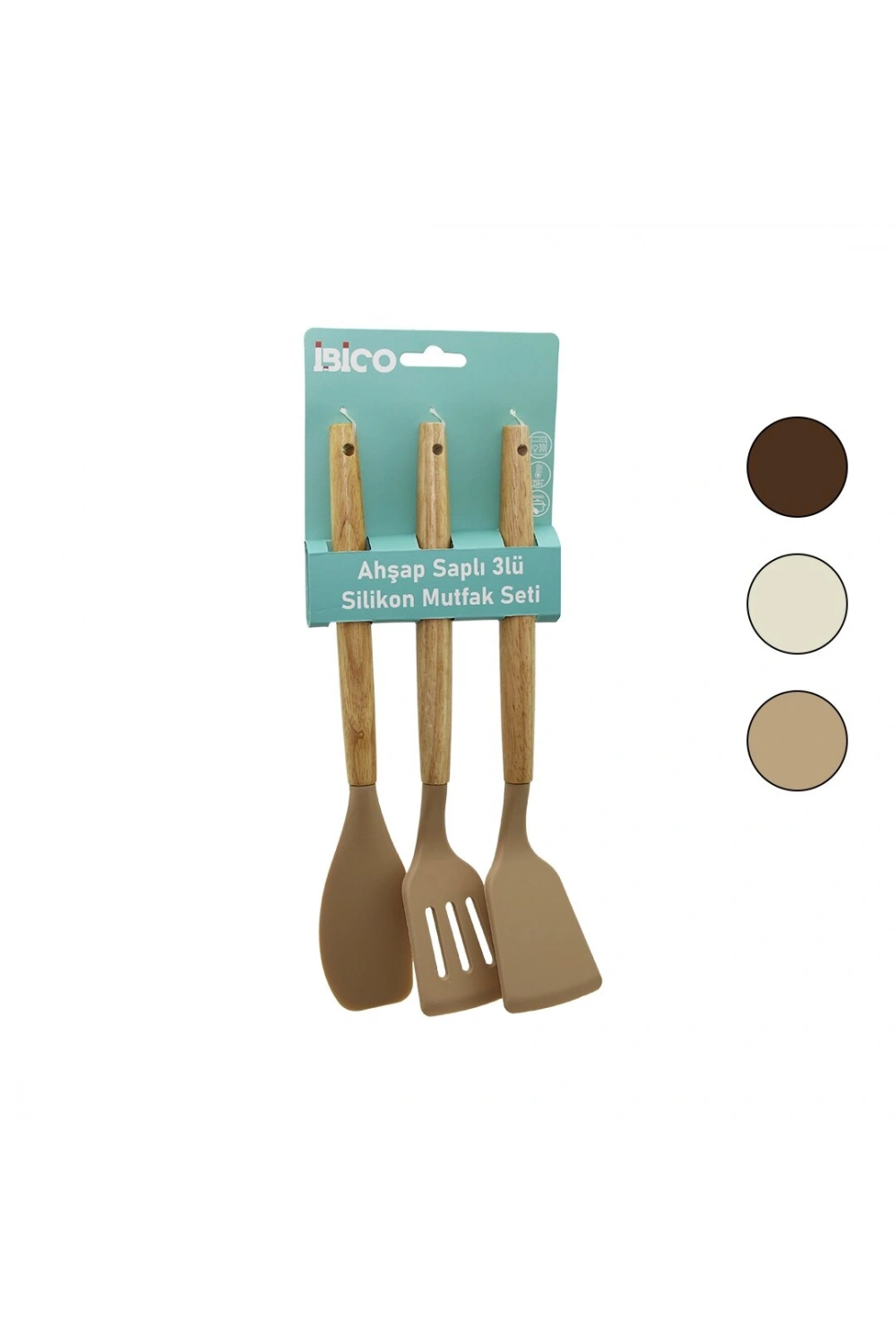 Egonex İbico İ22-010 ( 3pcs ) ( Renkli Silikon ) ( Spatula ) Mutfak Seti ( Ahşap & Bambu Saplı ) ( Klasik & Yan & Delikli Spatula) (30cm)*12x6