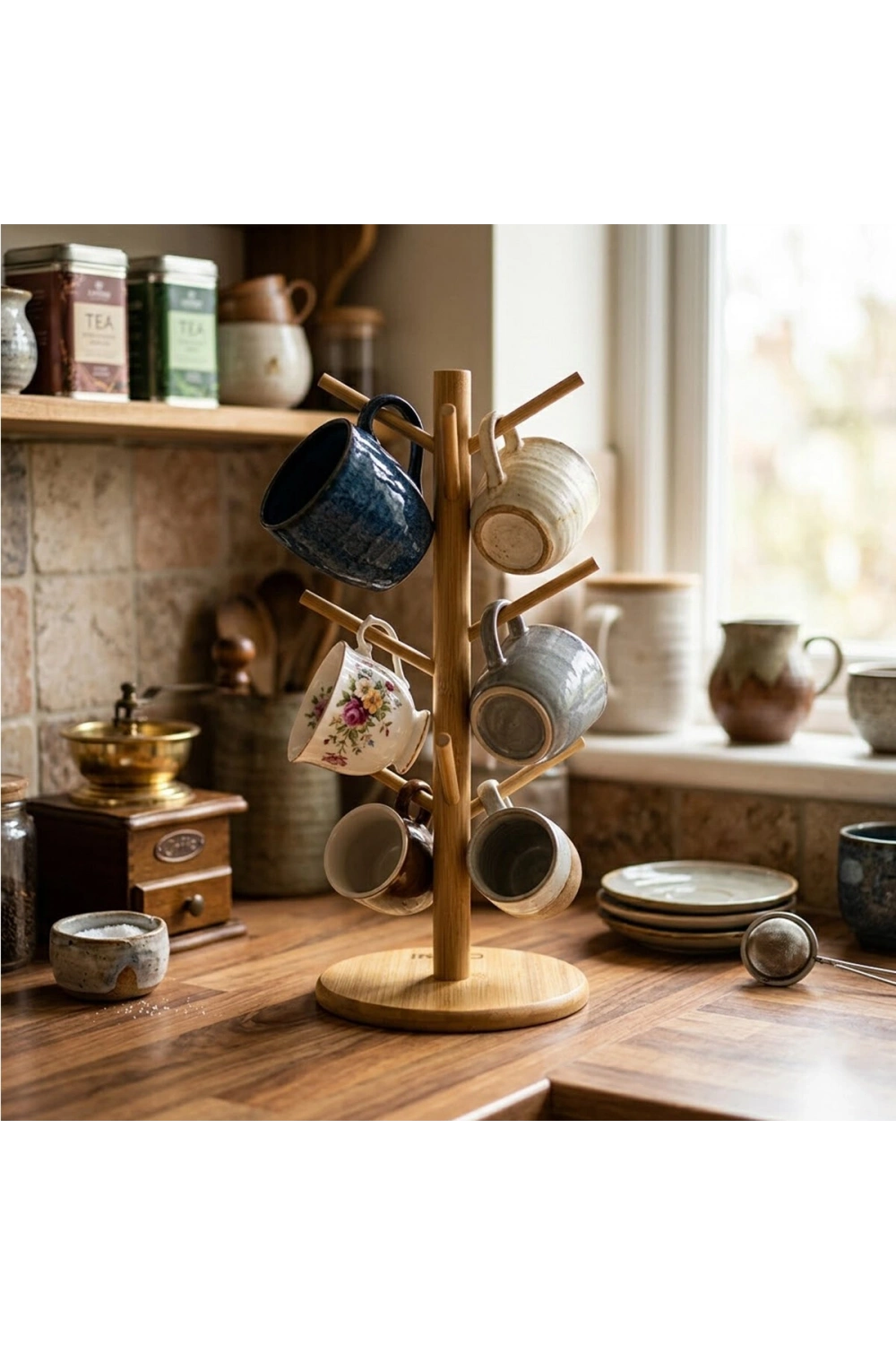 Egonex İBİCO İ22-318 ( KARE ALTLIK & ÇAP = 15CM ) BARDAK & FİNCAN ASACAK ( BAMBU & AHŞAP ) 35CM*60
