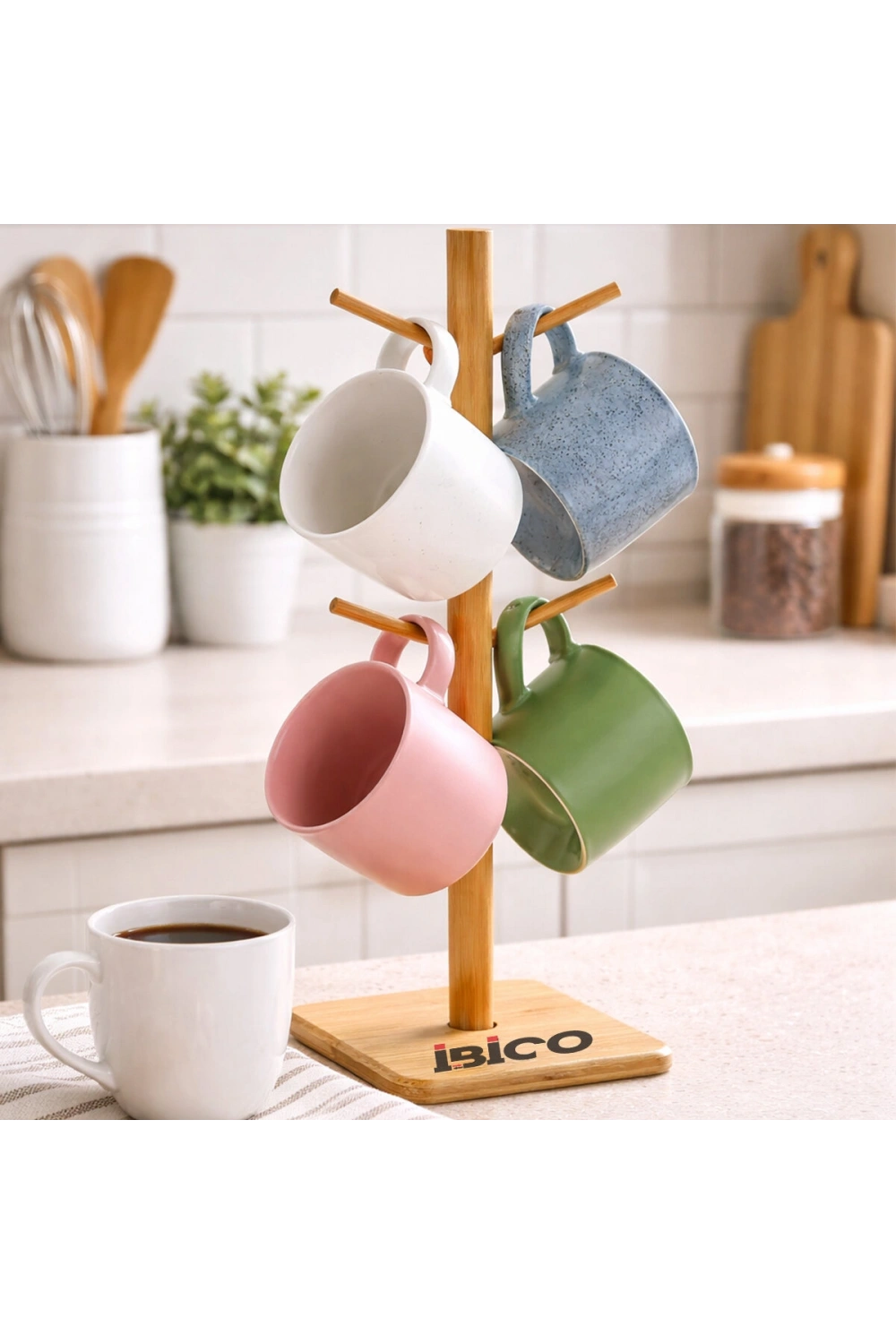 Egonex İBİCO İ22-318 ( KARE ALTLIK & ÇAP = 15CM ) BARDAK & FİNCAN ASACAK ( BAMBU & AHŞAP ) 35CM*60