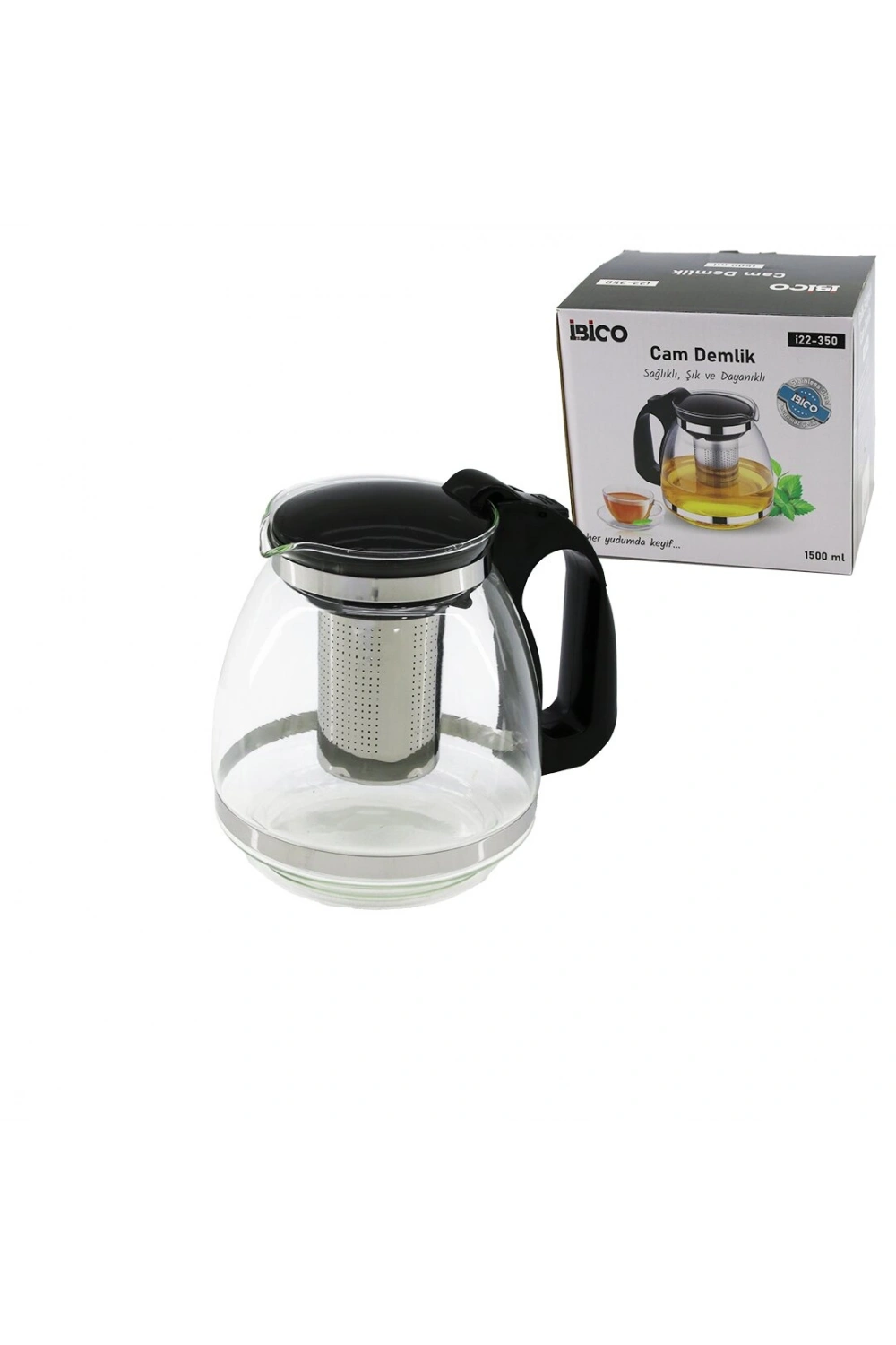 Egonex İbico İ22-350 ( 1500ml ) ( Cam ) Demlik ( Çelik Süzgeçli & Plastik Kulp & Kapak & Krom Çerçeve )*48