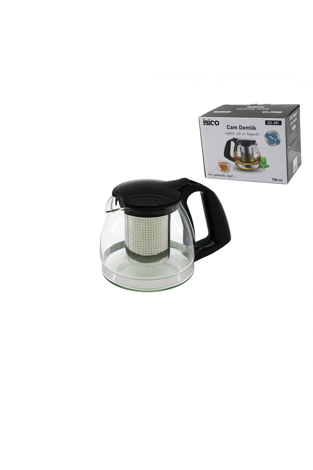 Egonex İbico İ22-351 ( 700ml ) ( Cam ) Demlik ( Çelik Süzgeçli & Plastik Kulp & Kapak & Krom Çerçeve )*60