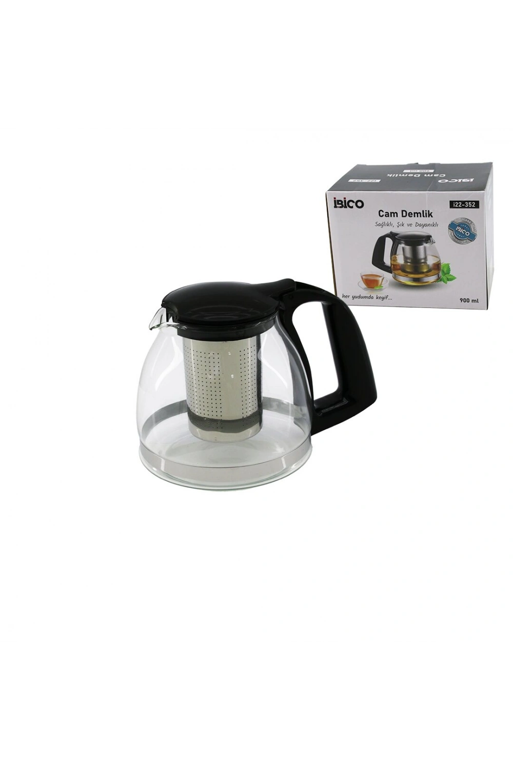 Egonex İbico İ22-352 ( 900ml ) ( Cam ) Demlik ( Çelik Süzgeçli & Plastik Kulp & Kapak & Krom Çerçeve )*48