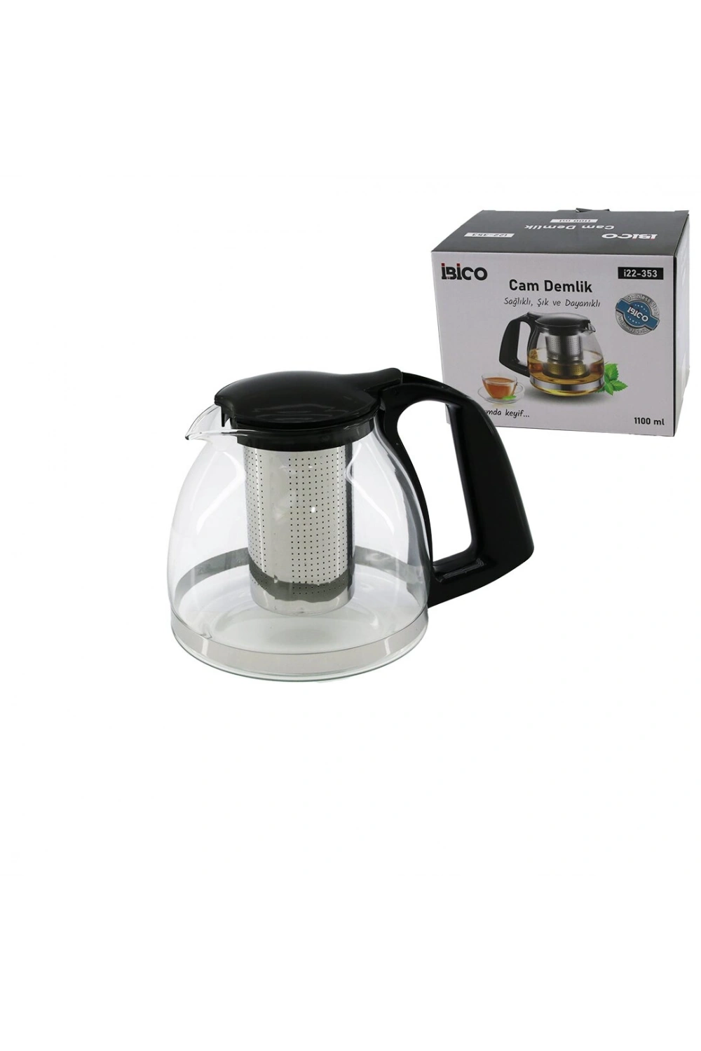 Egonex İbico İ22-353 ( 1100ml ) ( Cam ) Demlik ( Çelik Süzgeçli & Plastik Kulp & Kapak & Krom Çerçeve )*48