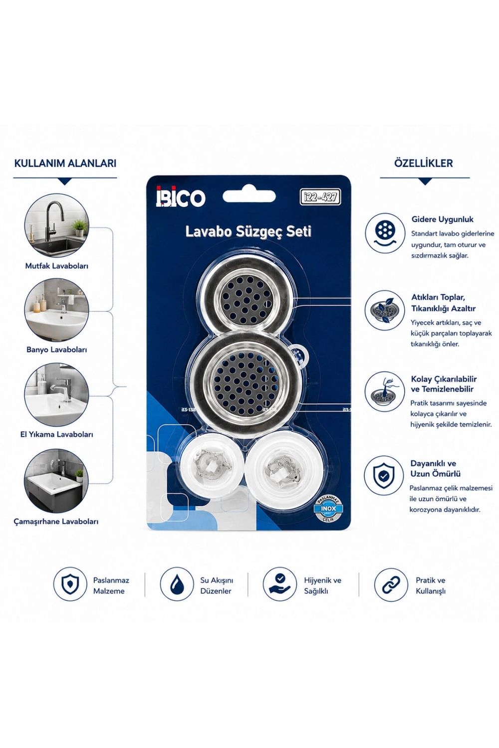 Egonex İbico İ22-427 ( 4pcs ) Lavabo Süzgeç & Tıpa Seti ( 2 Boy Süzgeç & 2 Boy Plastik Tıpa )*12x25